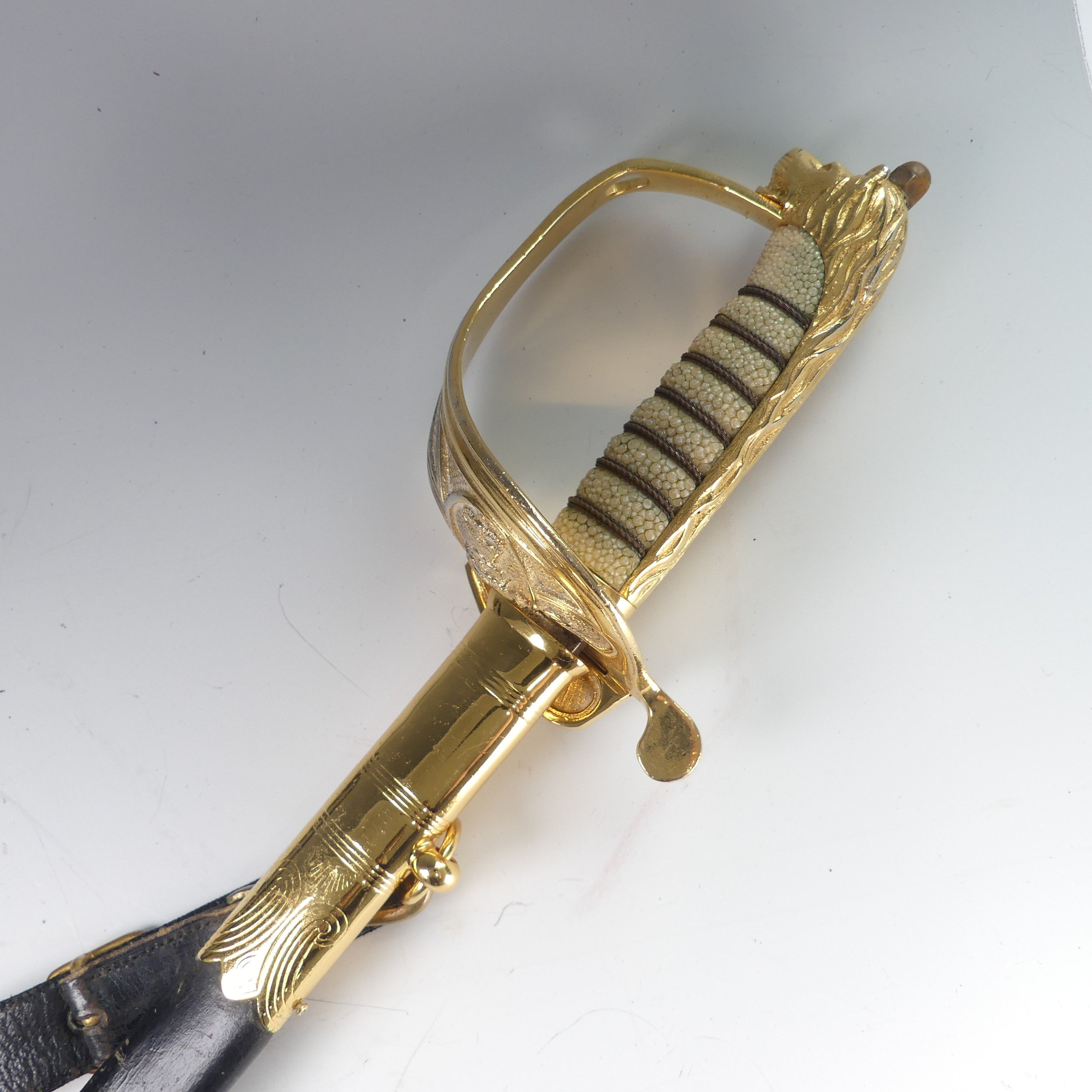 A reproduction 1827 pattern Royal Navy Officers Sword, fullered steel blade etched with insignia, - Image 2 of 10