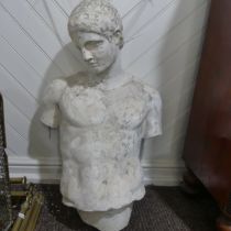 A large plaster Bust depicting a classical Roman figure, W 54 cm x H 85 cm x D 42 cm, together