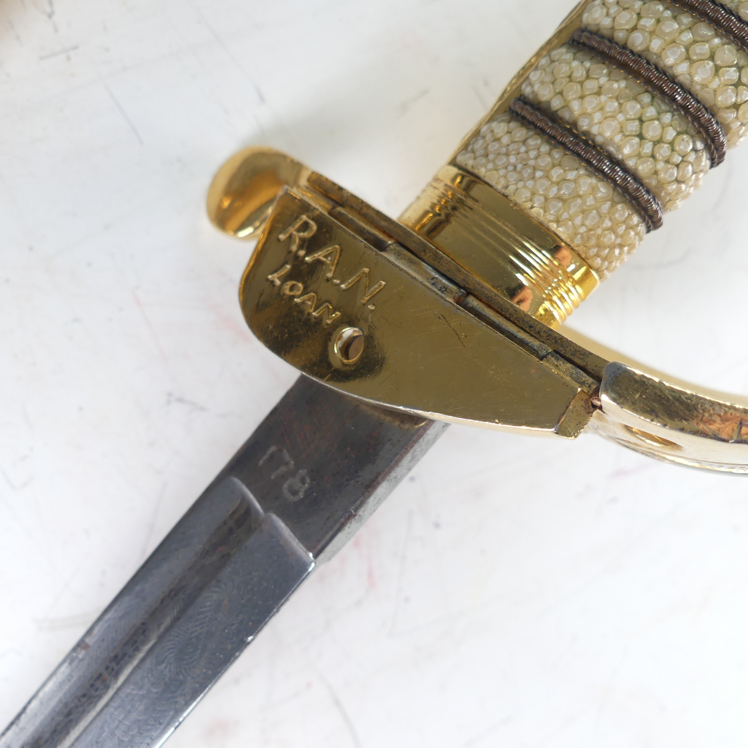 A reproduction 1827 pattern Royal Navy Officers Sword, fullered steel blade etched with insignia, - Image 10 of 10