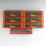 Hornby Railways: Six ‘00’ gauge Southern Rail Passenger Coaches, green with yellow lettering,