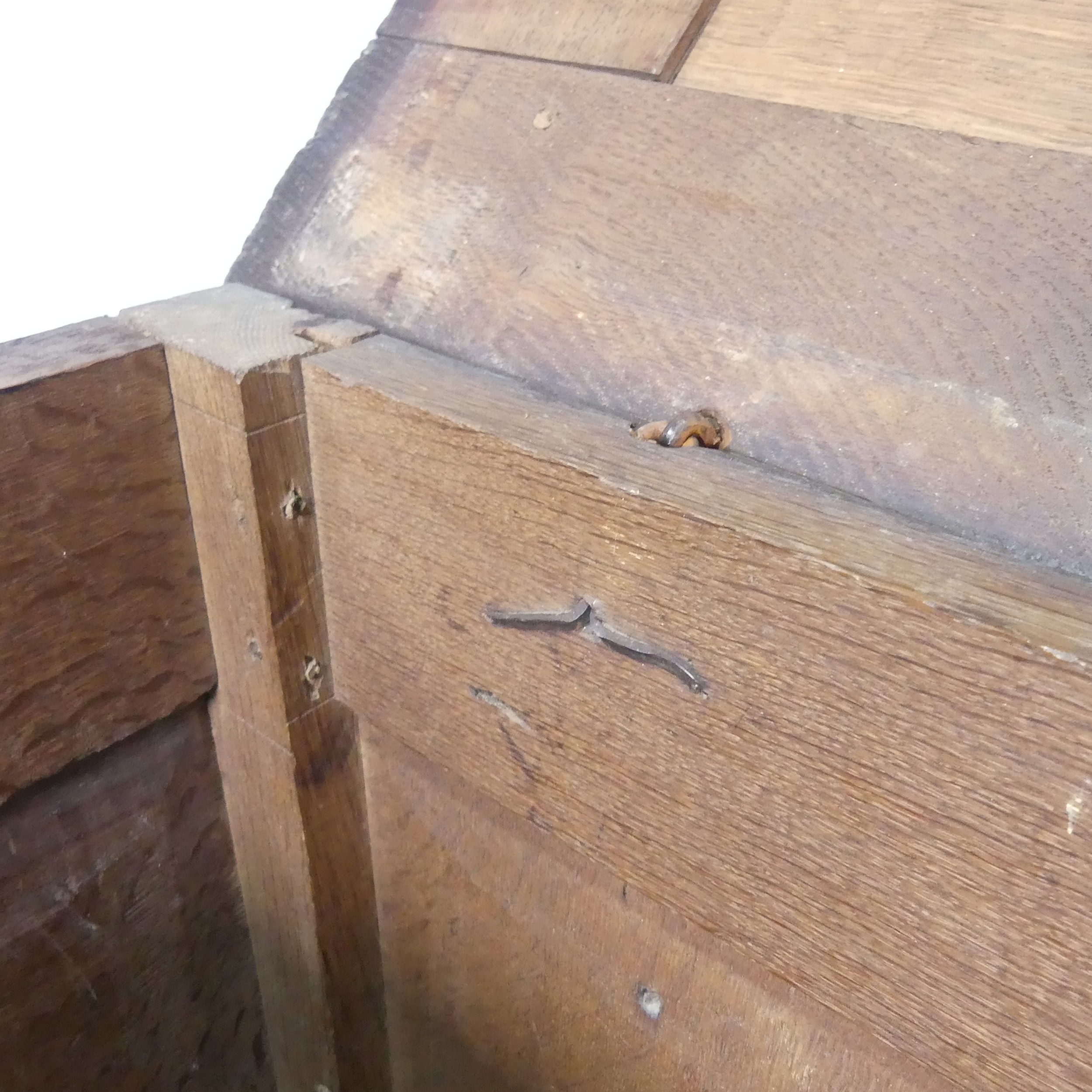 A 17th century oak Coffer, two panelled rectangular top with original pin hinges, over three - Bild 8 aus 12