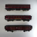 Three Exley ‘0’ gauge LMS Coaches, maroon with yellow lettering; Kitchen Car No.8173; Passenger