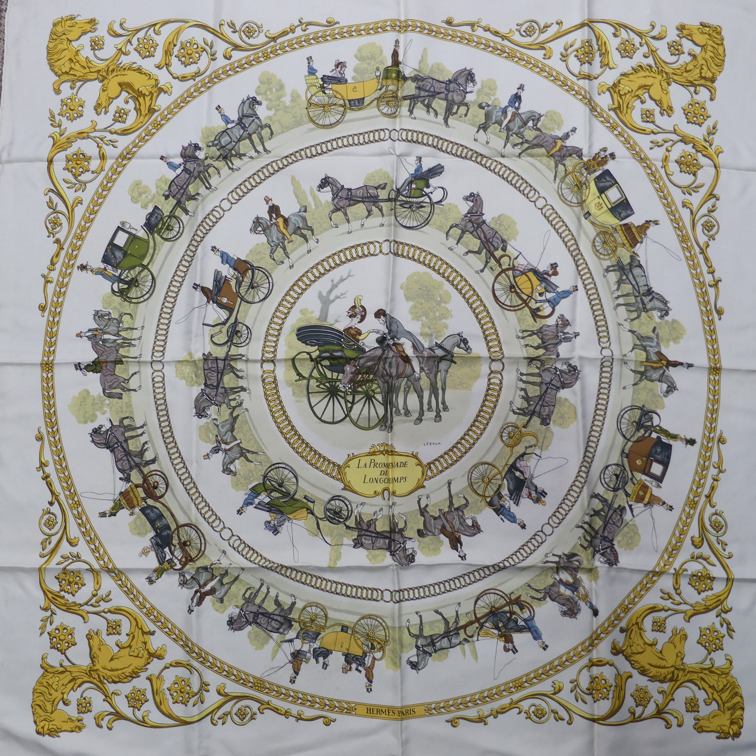 A Hermès silk twill scarf: 'La Promenade De Longchamps', designed by Philippe Ledoux, on cream - Image 3 of 3