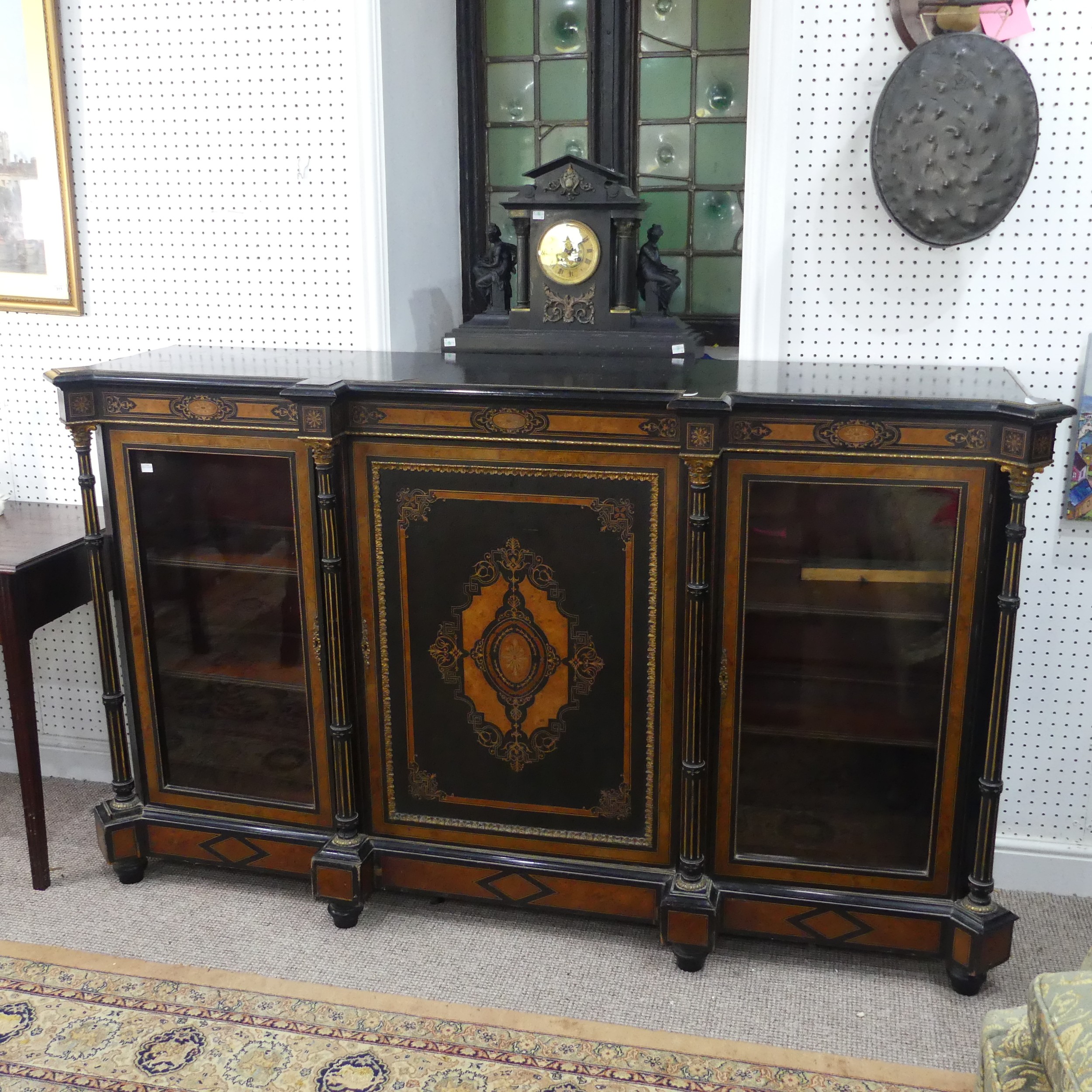 A good Victorian ebonised, marquetry and walnut banded breakfront Credenza, shaped top above - Image 4 of 12