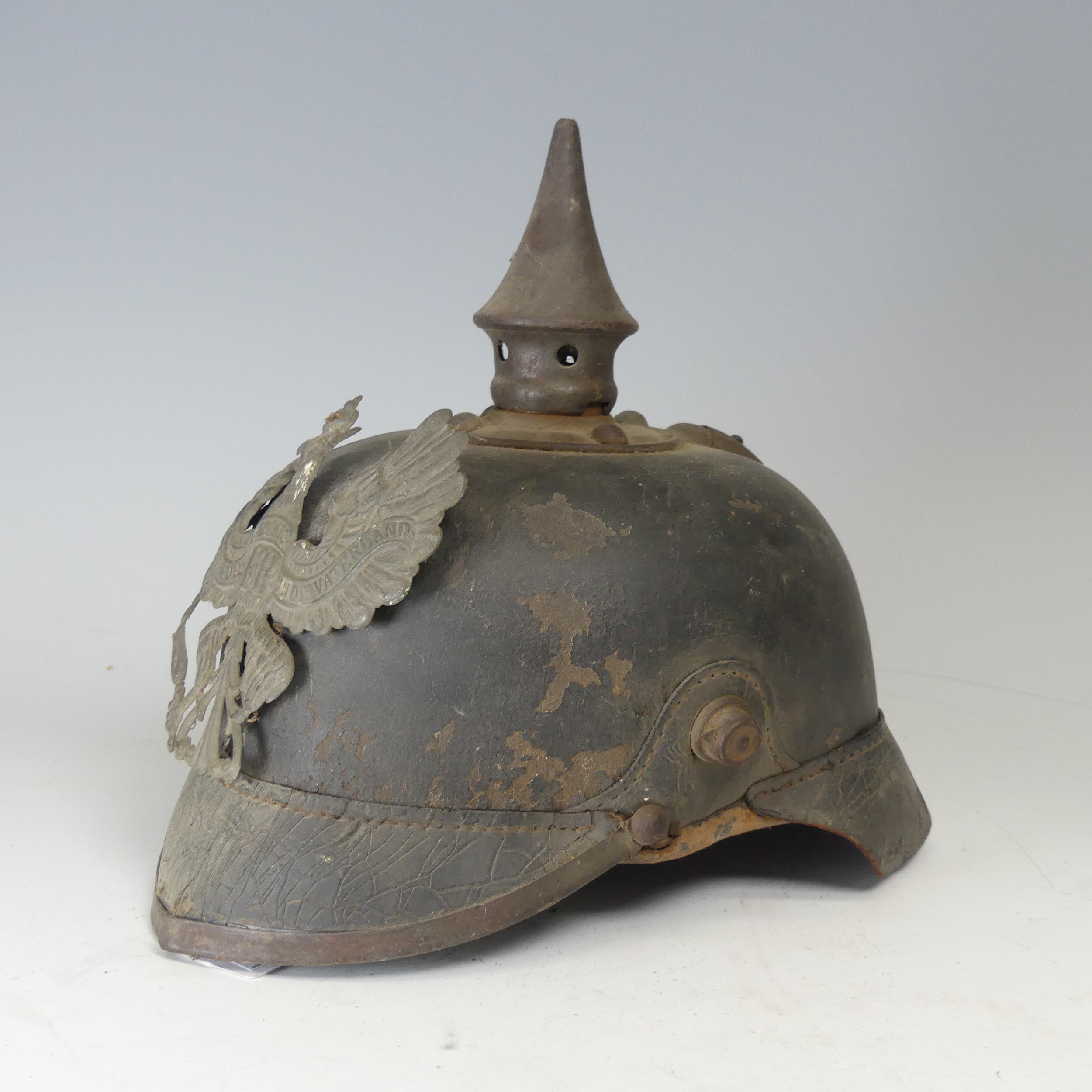 A WWI / Boer period Imperial German Prussian Pickelhaube Helmet, of leather construction, with brass - Image 3 of 4