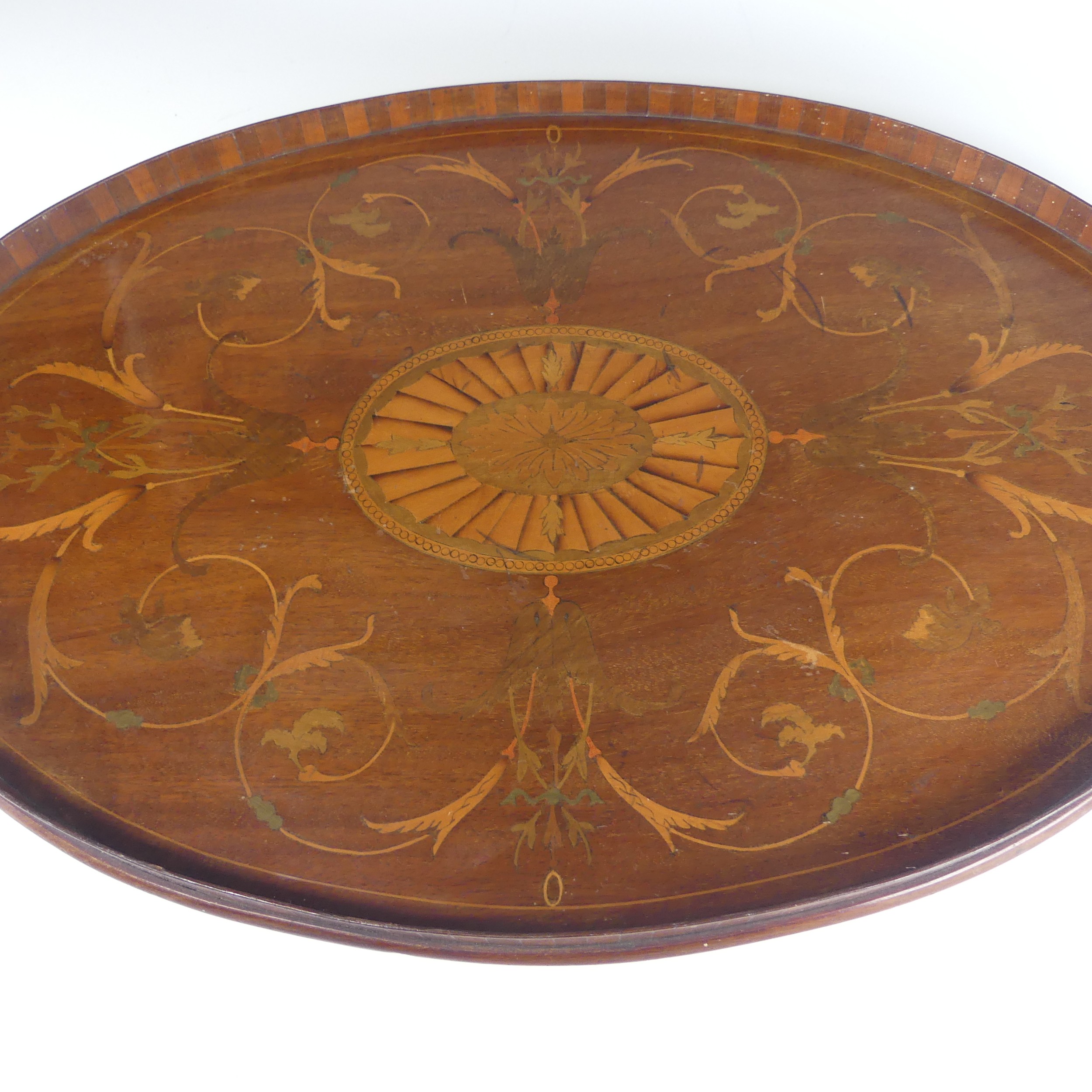 An Edwardian mahogany and marquetry galleried twin-handled Tray, the gallery of chequerboard boxwood - Image 7 of 26