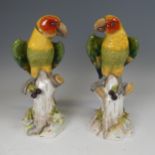 A pair of 20thC continental porcelain Parrots, modelled perched on a tree, underglaze blue mark to
