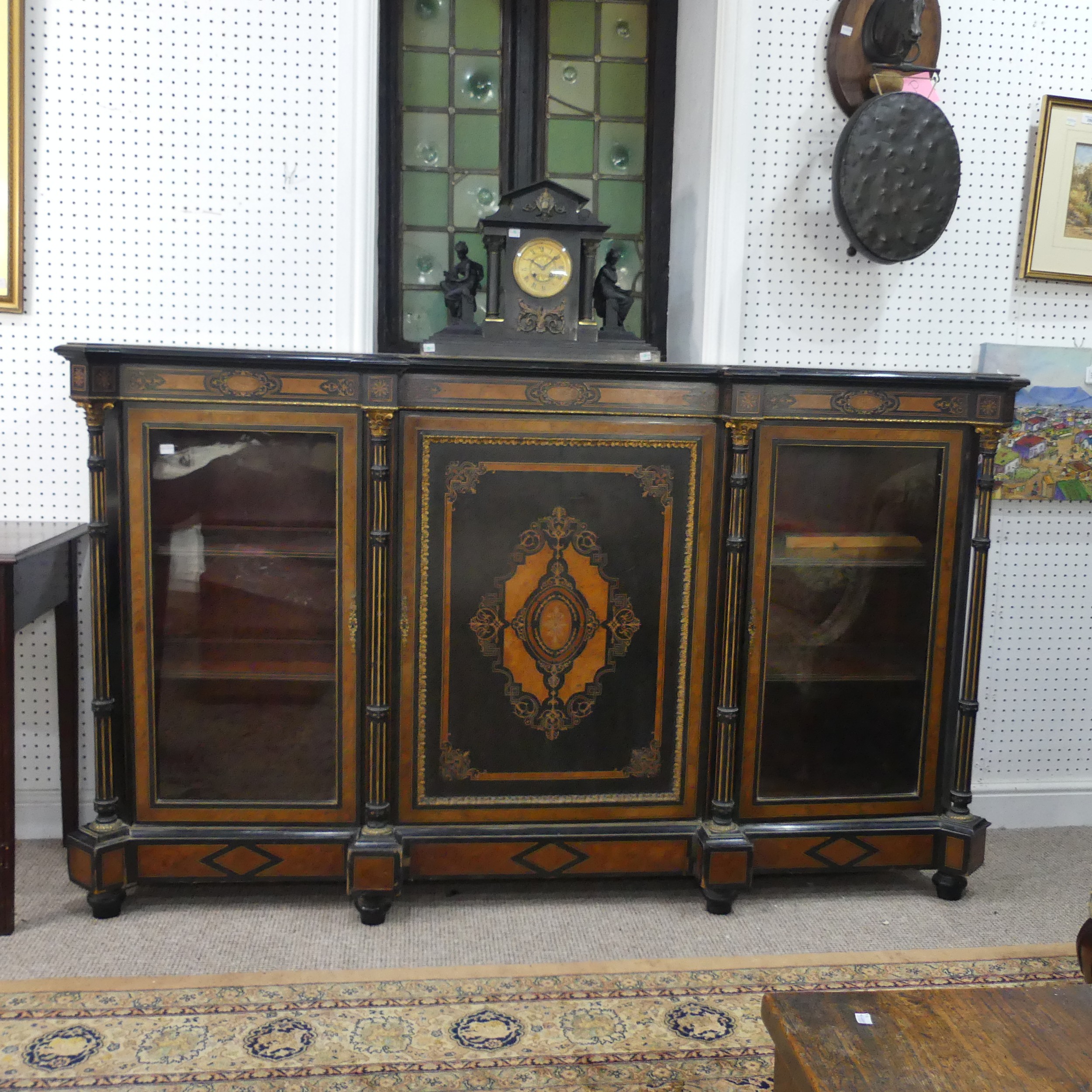 A good Victorian ebonised, marquetry and walnut banded breakfront Credenza, shaped top above - Image 9 of 12