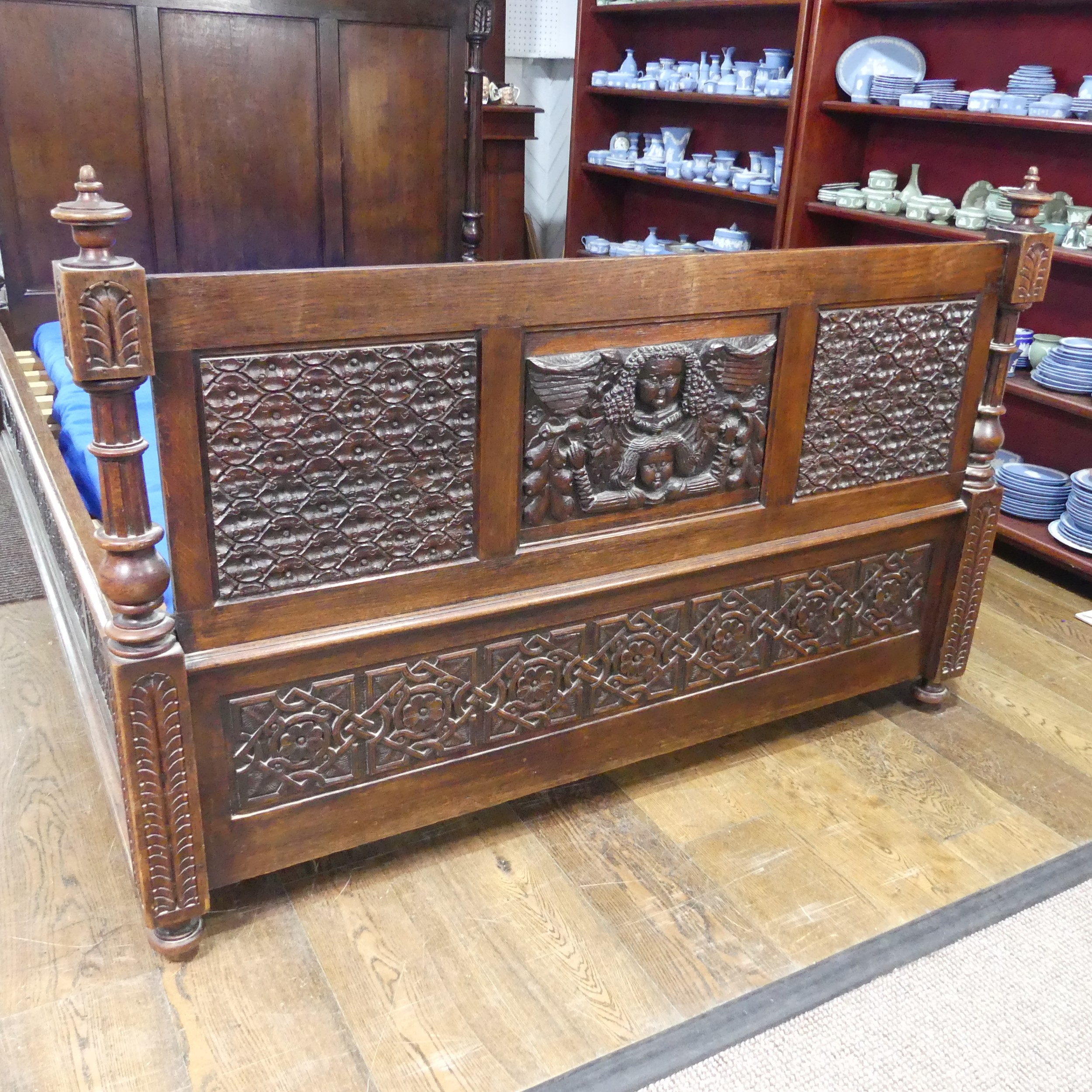 An antique carved oak framed double Bed, formed of 17th century and later oak carved panels, with - Image 5 of 12