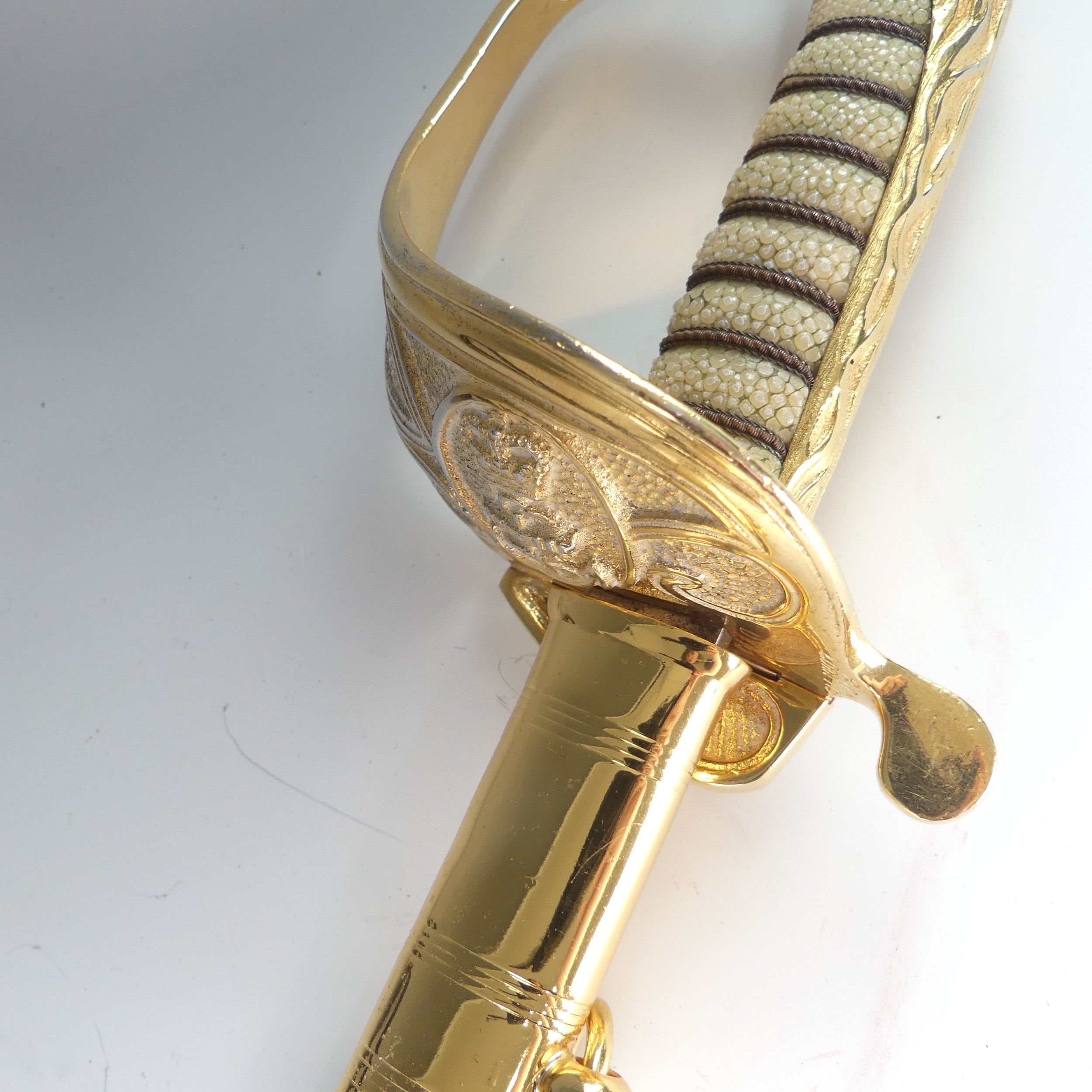 A reproduction 1827 pattern Royal Navy Officers Sword, fullered steel blade etched with insignia, - Image 3 of 10