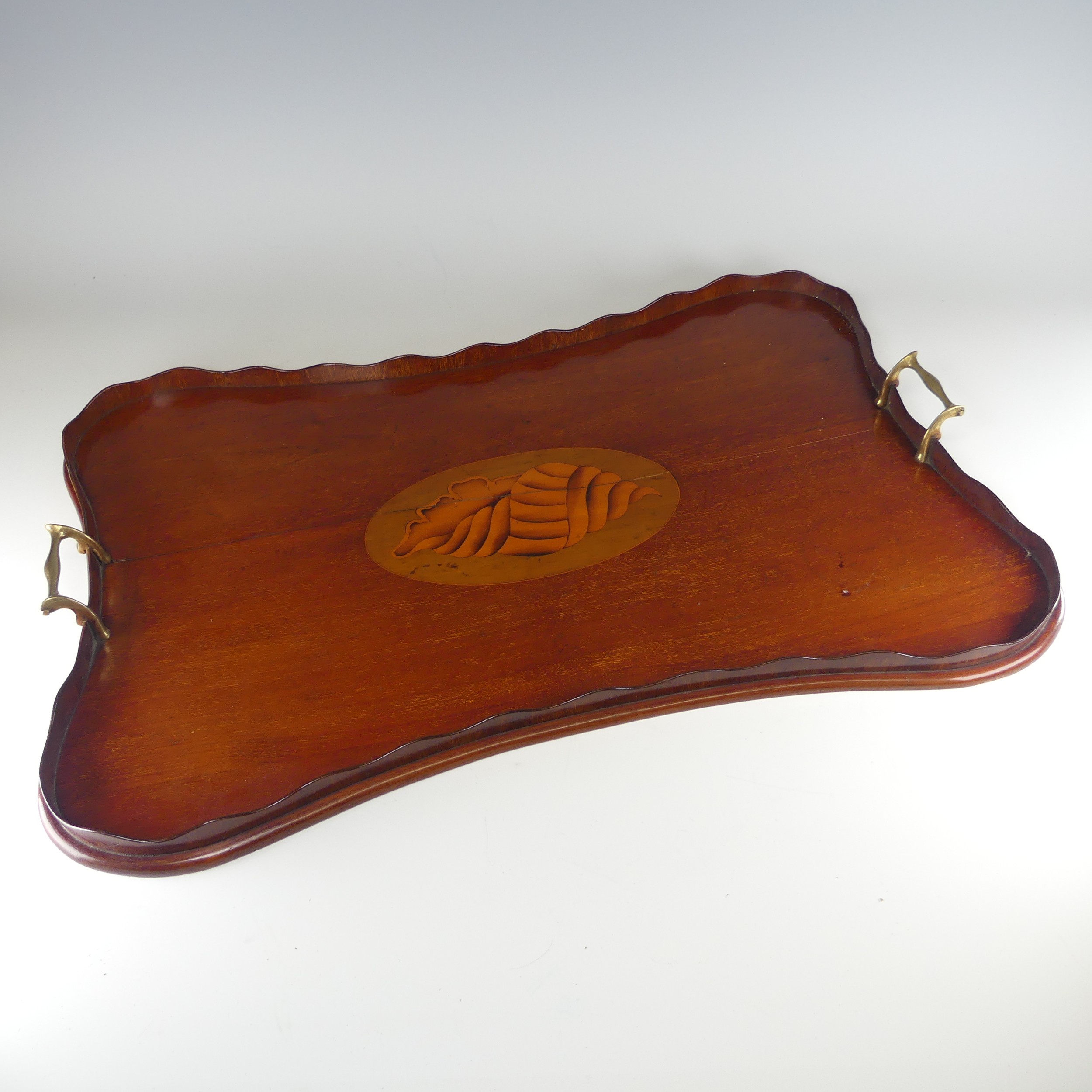 An Edwardian mahogany and marquetry galleried twin-handled Tray, the gallery of chequerboard boxwood - Image 12 of 26