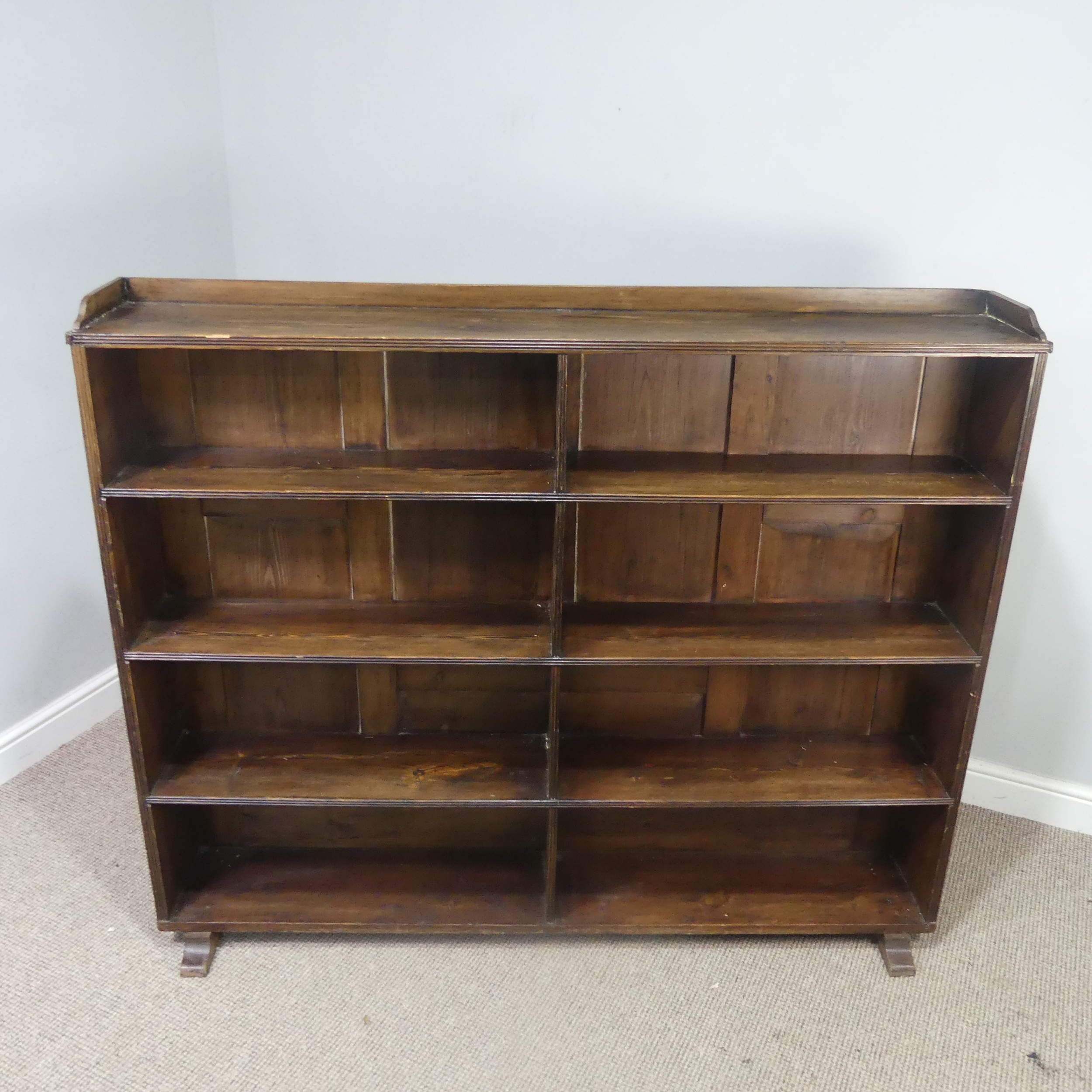 An antique stained pine open Bookcase, top with three quarter gallery, over six open shelves, W - Image 2 of 4