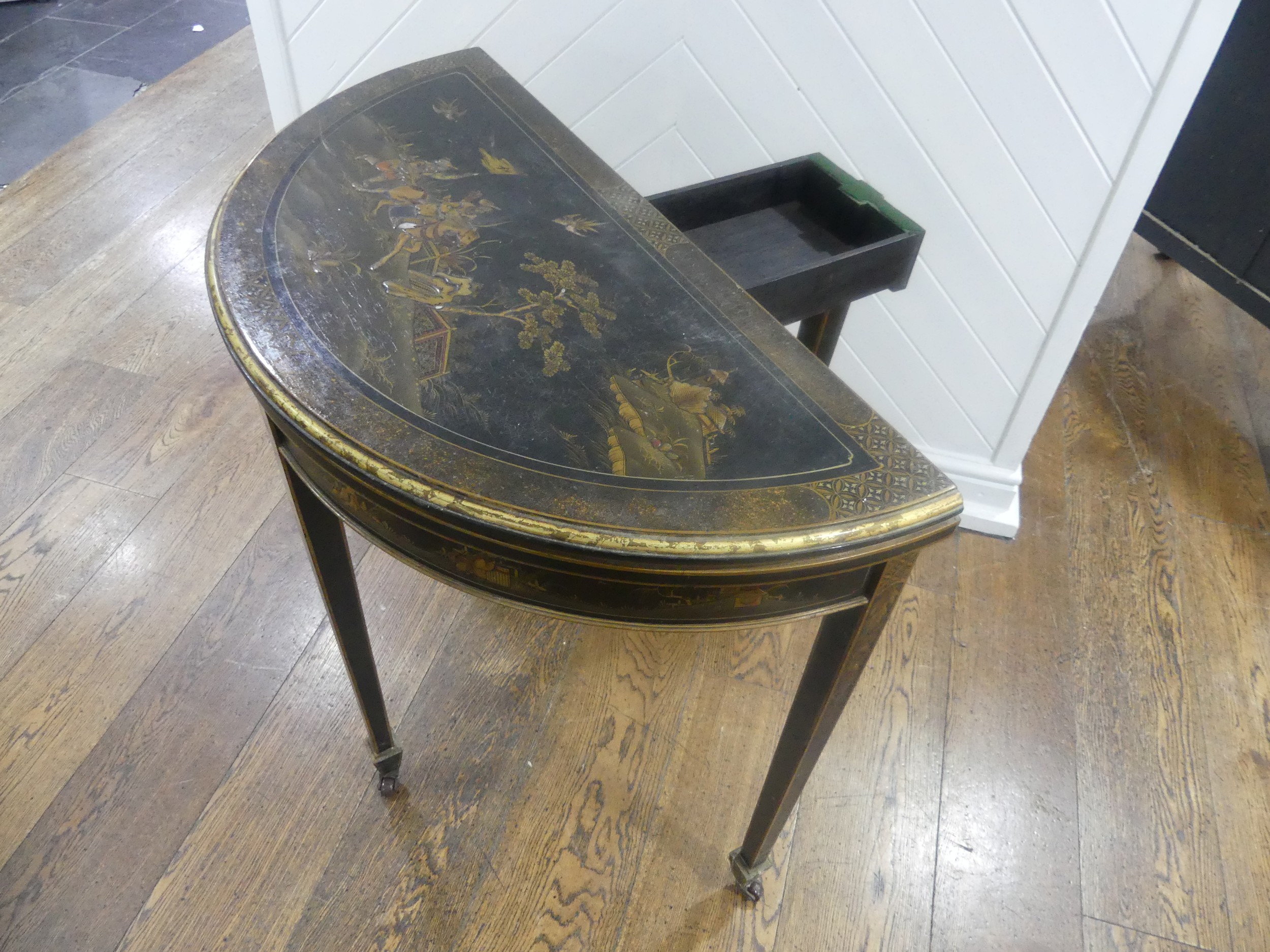 An early 20th century Chinoiserie demi lune card Table, black lacquered and painted gilt - Image 5 of 9