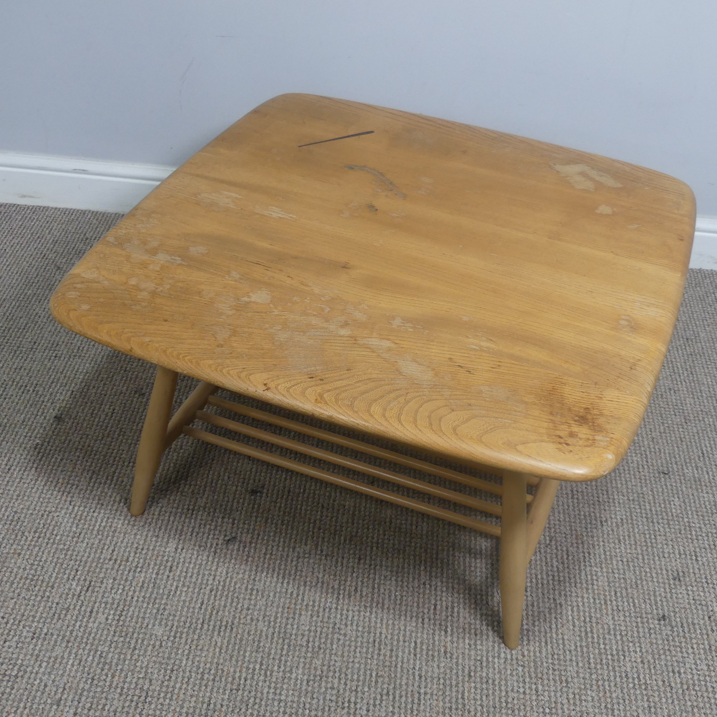 An Ercol windsor model 767 elm square coffee Table, with square top over splayed beach supports - Image 2 of 5