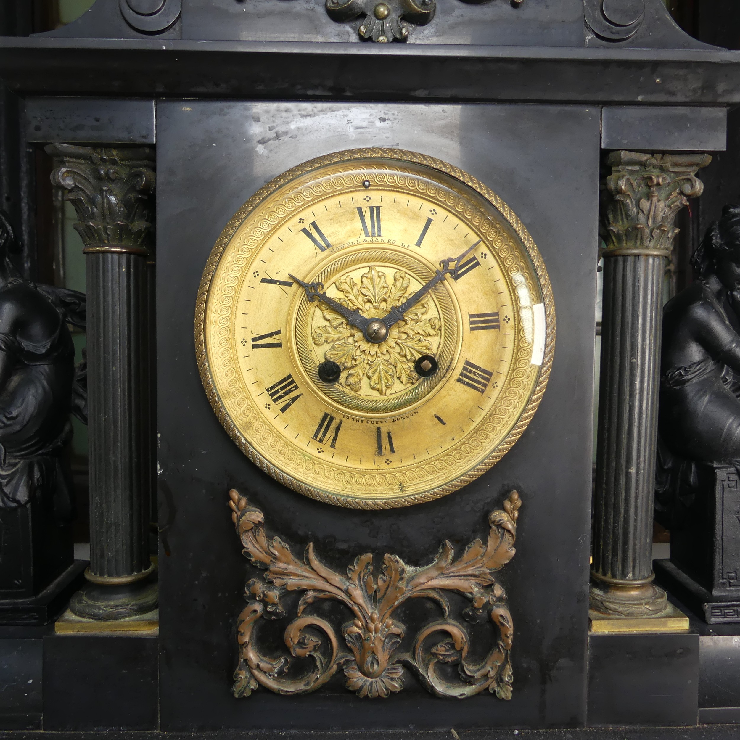 A large Victorian slate mantle Clock by Howell & James Ltd, with metal garnitures to either side, - Image 4 of 4