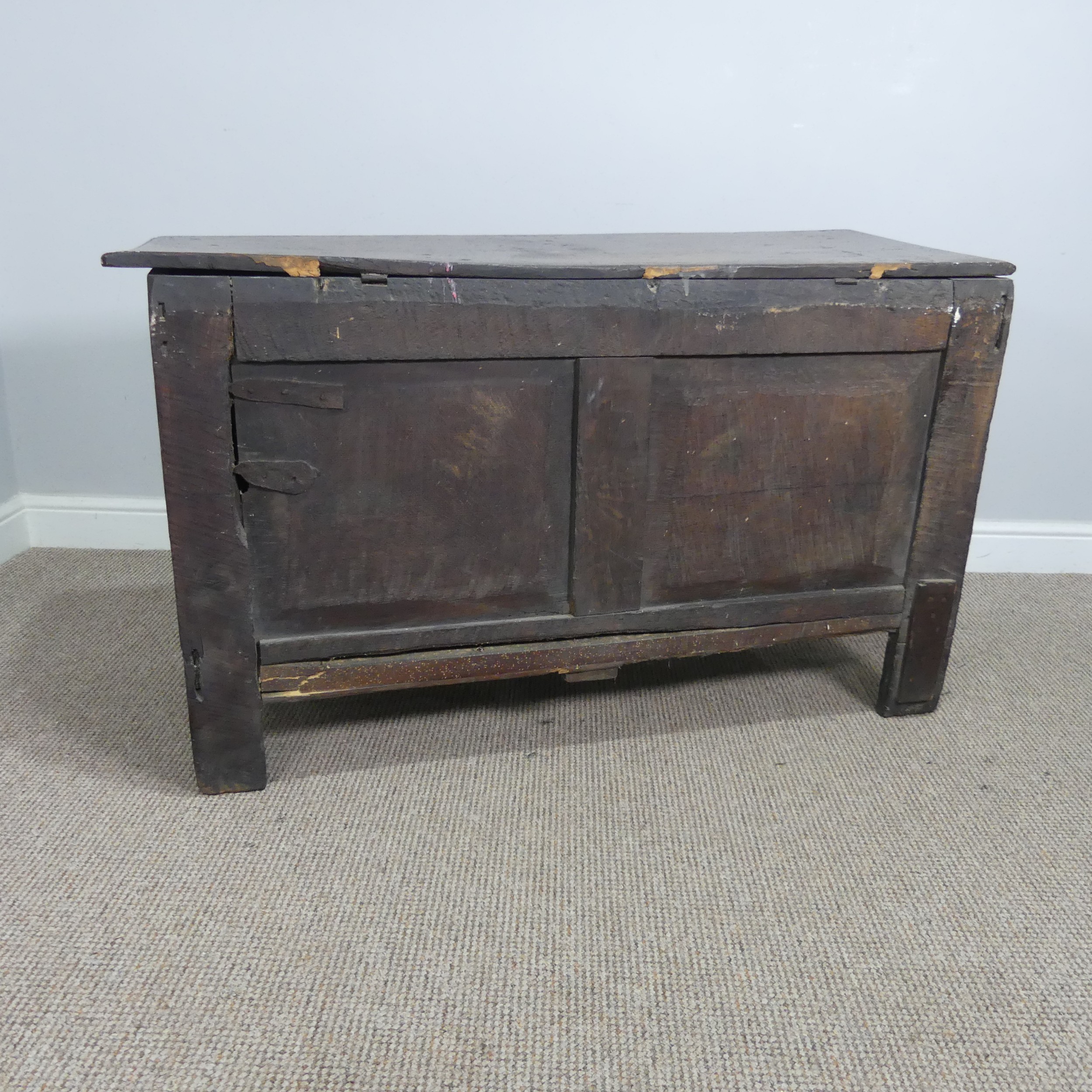 A 17th century and later oak three panel Coffer, rectangular top over carved frieze and three - Bild 10 aus 15