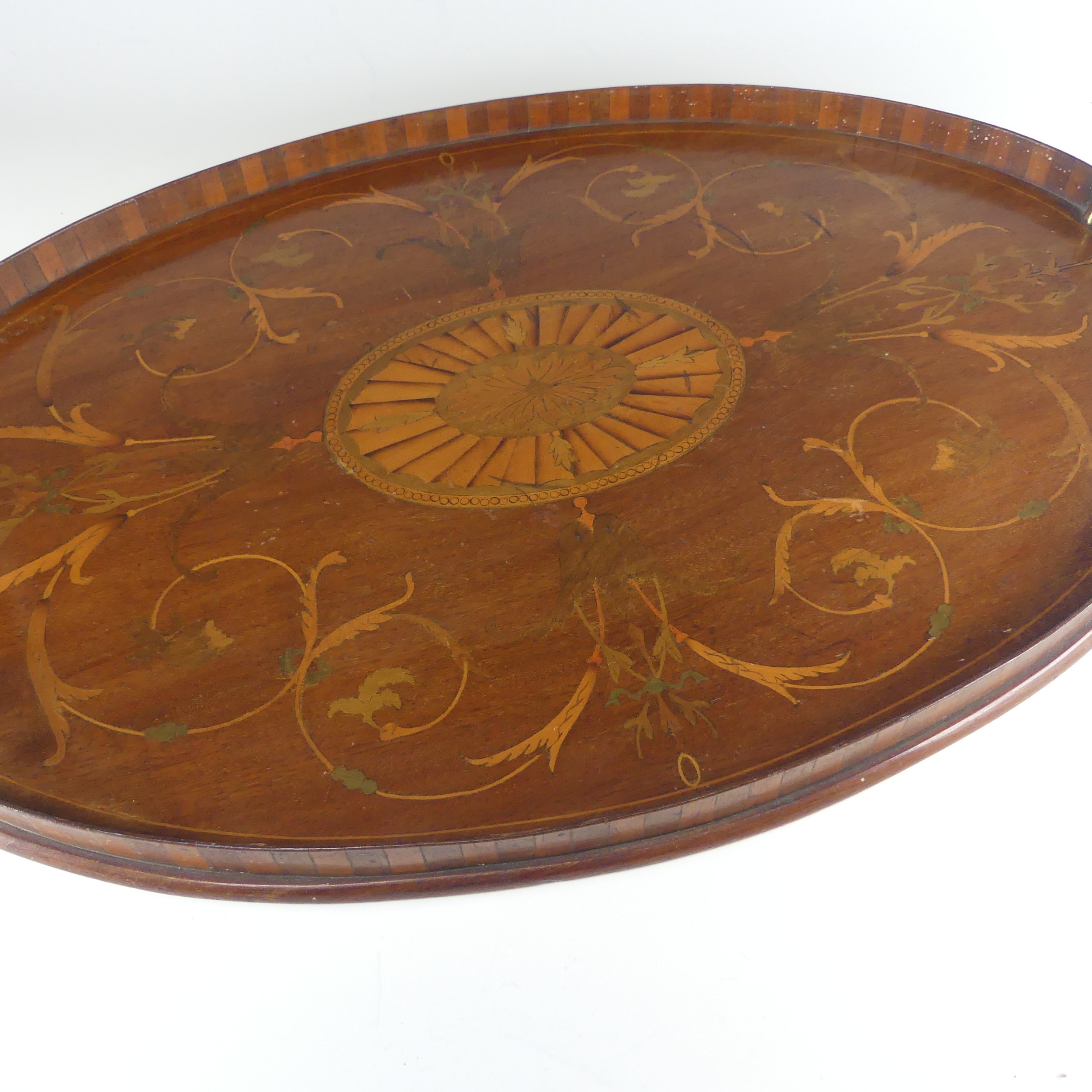 An Edwardian mahogany and marquetry galleried twin-handled Tray, the gallery of chequerboard boxwood - Image 6 of 26