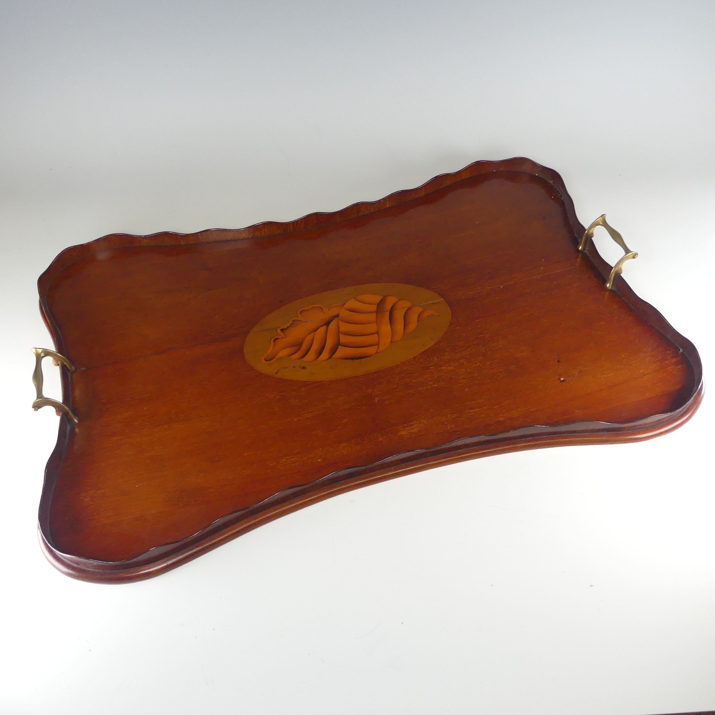 An Edwardian mahogany and marquetry galleried twin-handled Tray, the gallery of chequerboard boxwood - Image 13 of 26
