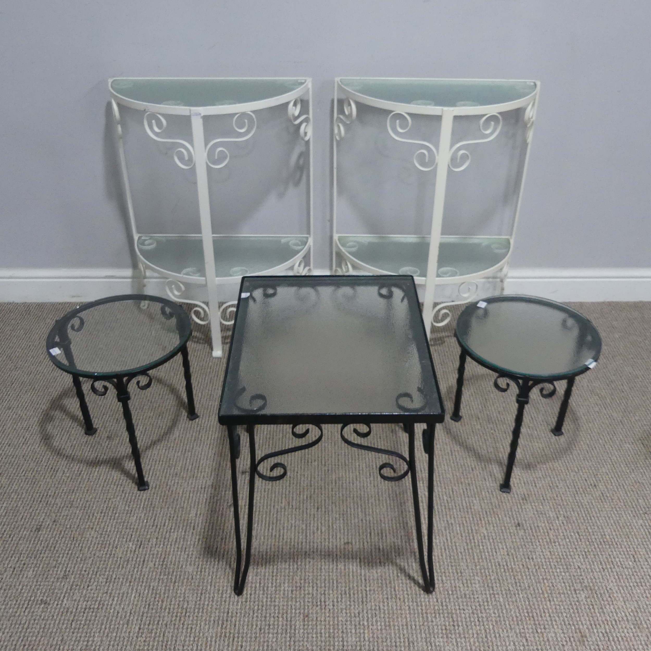 A pair of painted metal demi-lune conservatory Plant stands, with glass tops, together with three