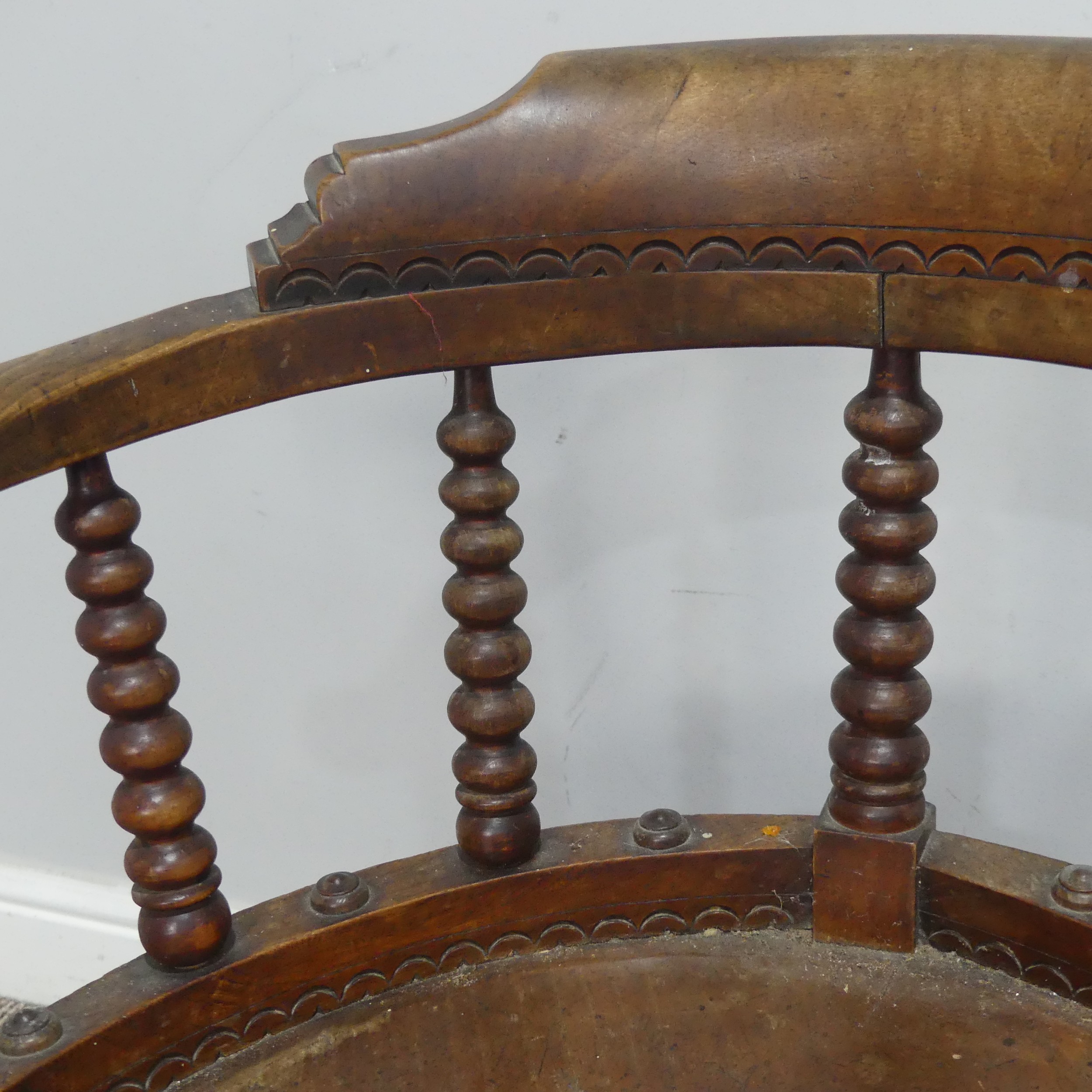 A late 19th century ash and elm Smokers elbow swivel desk Chair, turned column back rests, over - Image 2 of 5