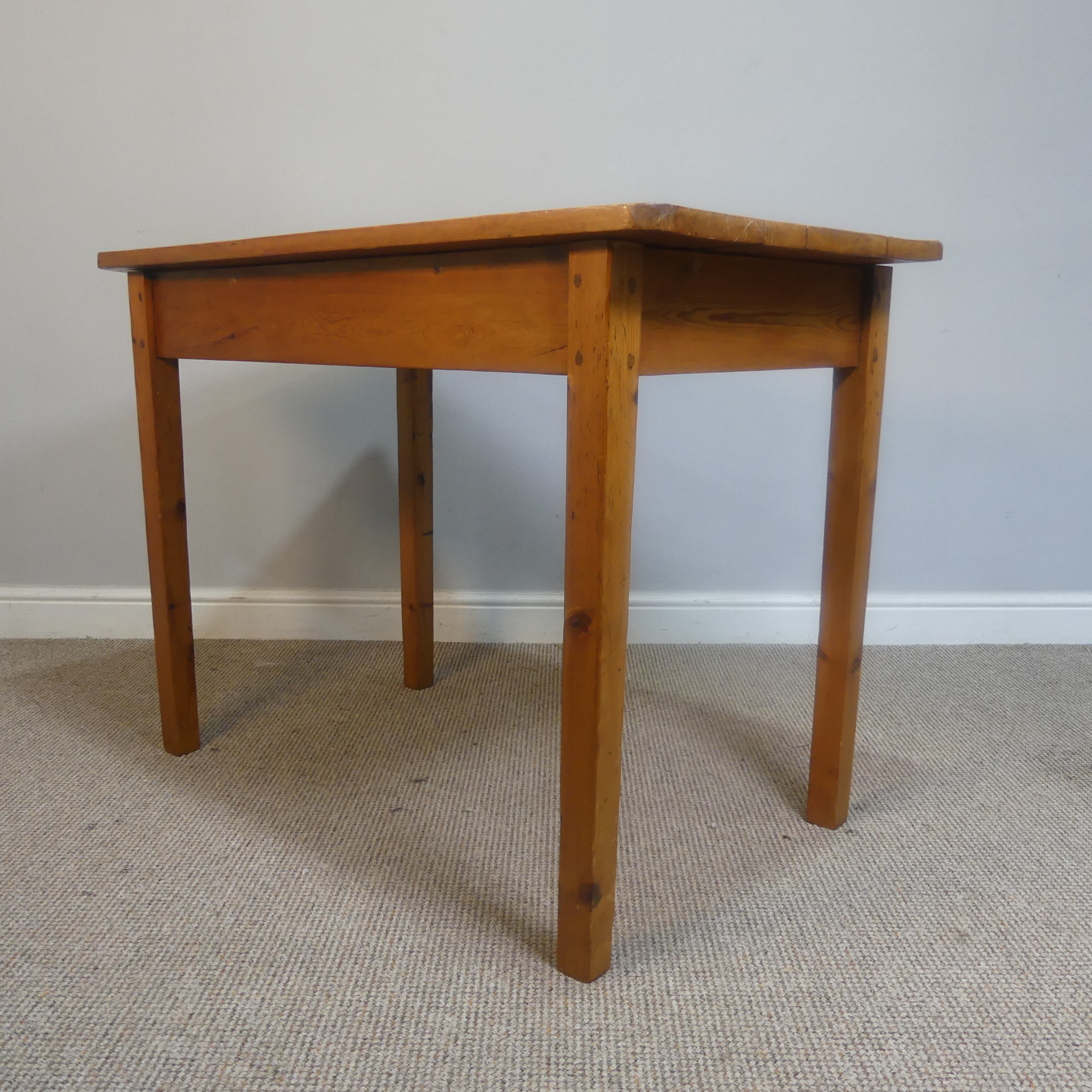 A small antique stained pine side Table, in the style of a kitchen Table, rectangular top raised - Image 2 of 8