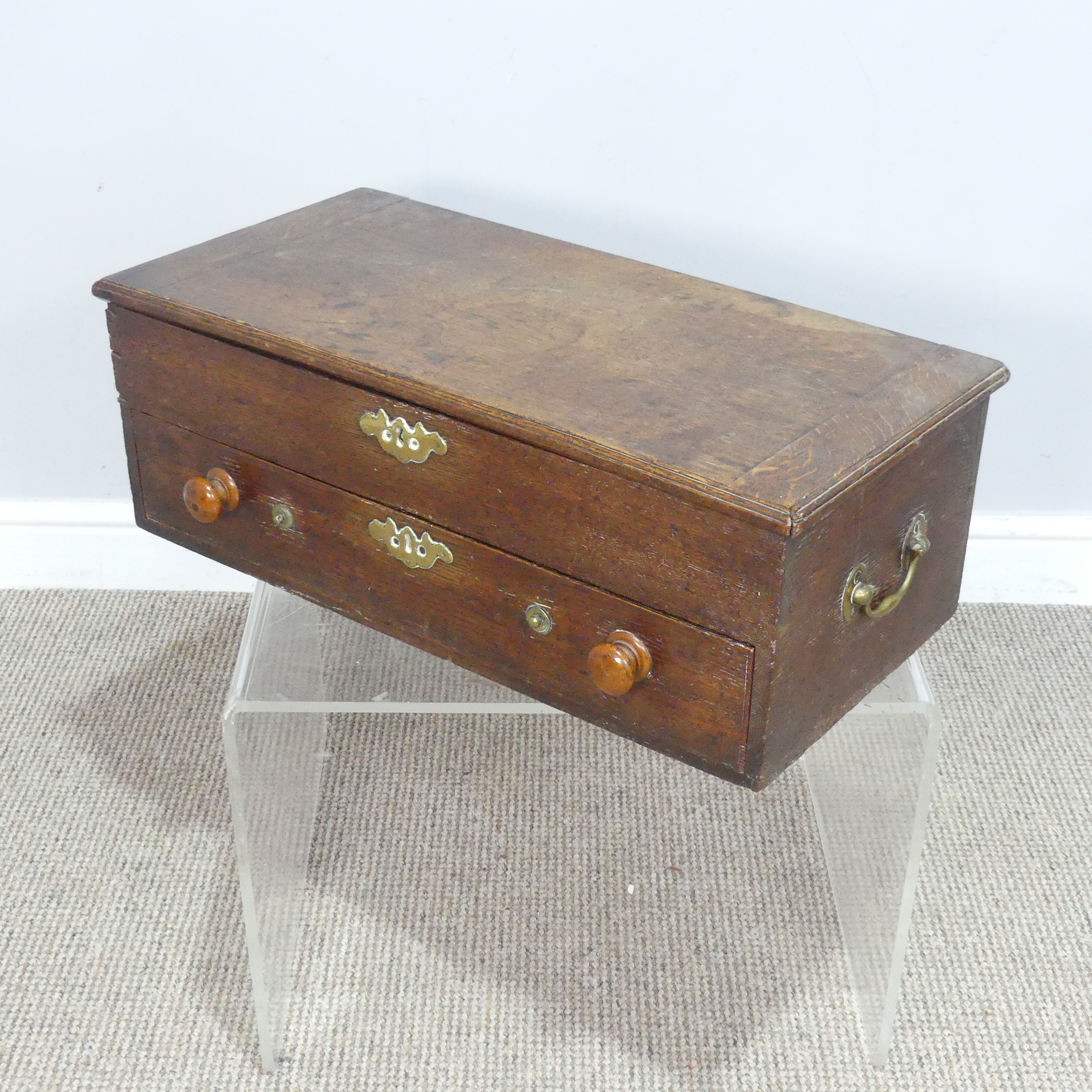 An 18th century oak Bible Box, hinged top over single drawer, with replacement turned handles, - Image 2 of 3