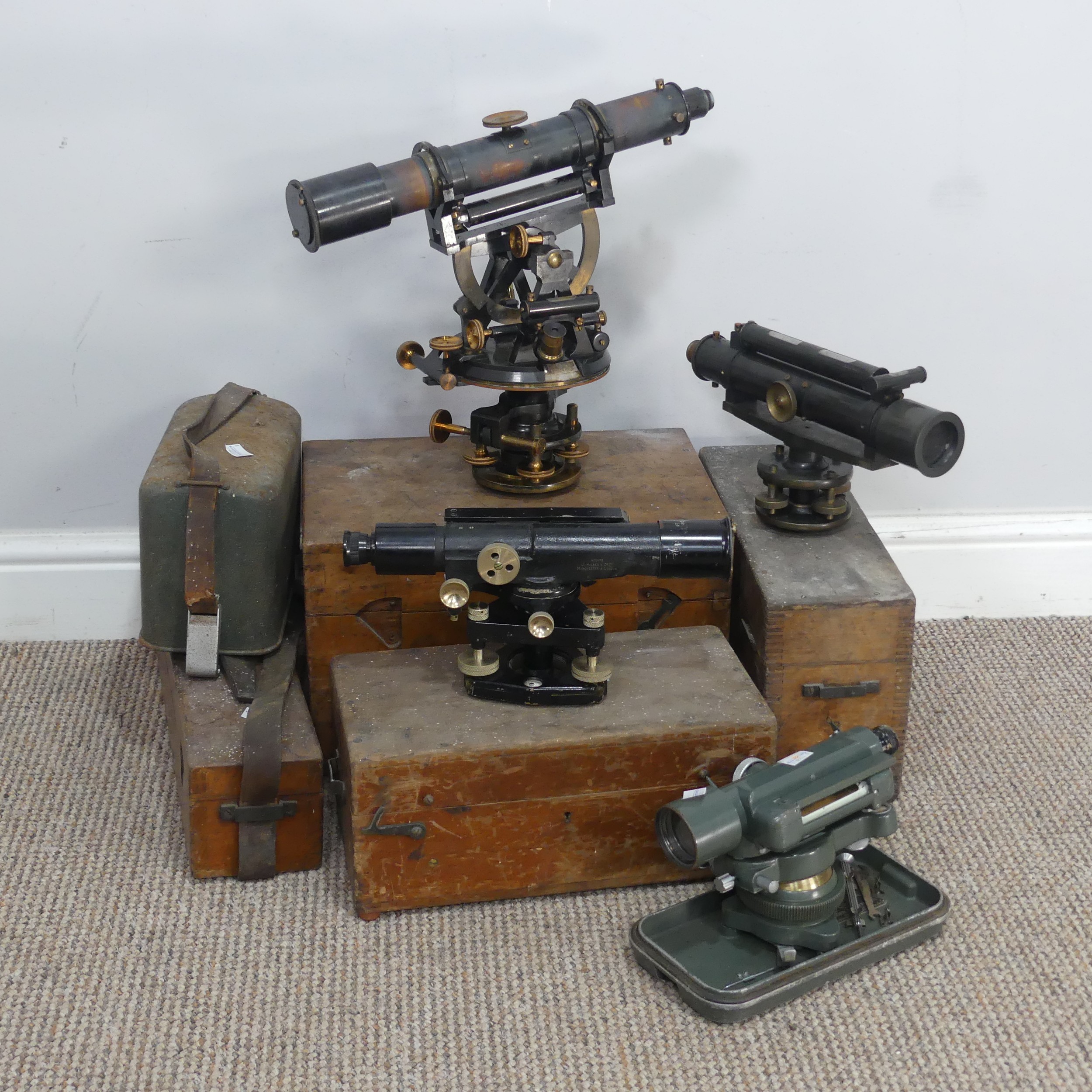 A late 19th / early 20th century lacquered brass Theodolite, unsigned, the telescope with rack and