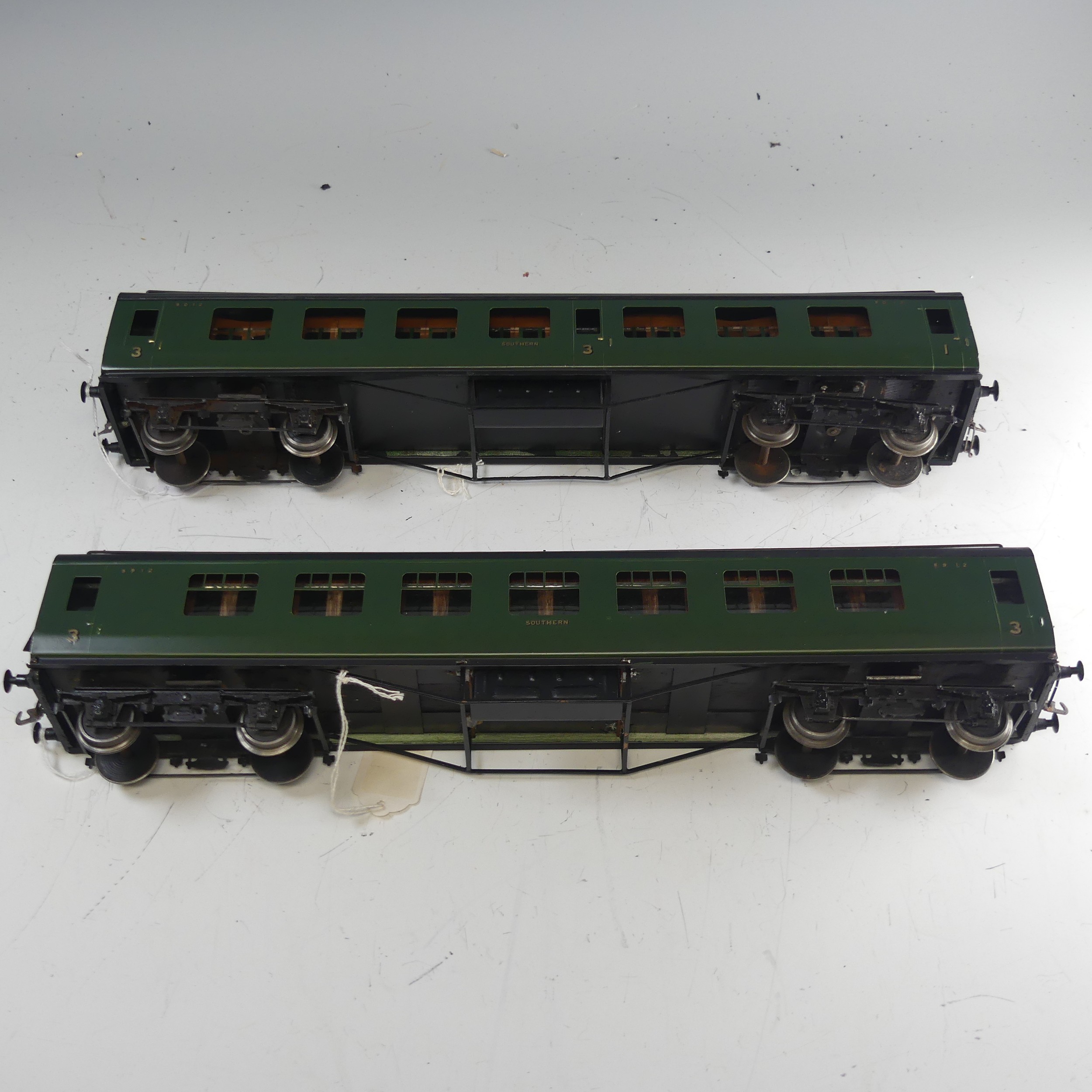 Two Exley ‘0’ gauge SR Coaches, green with yellow lettering: 1st/3rd Passenger Coach No.9012, and - Image 2 of 4