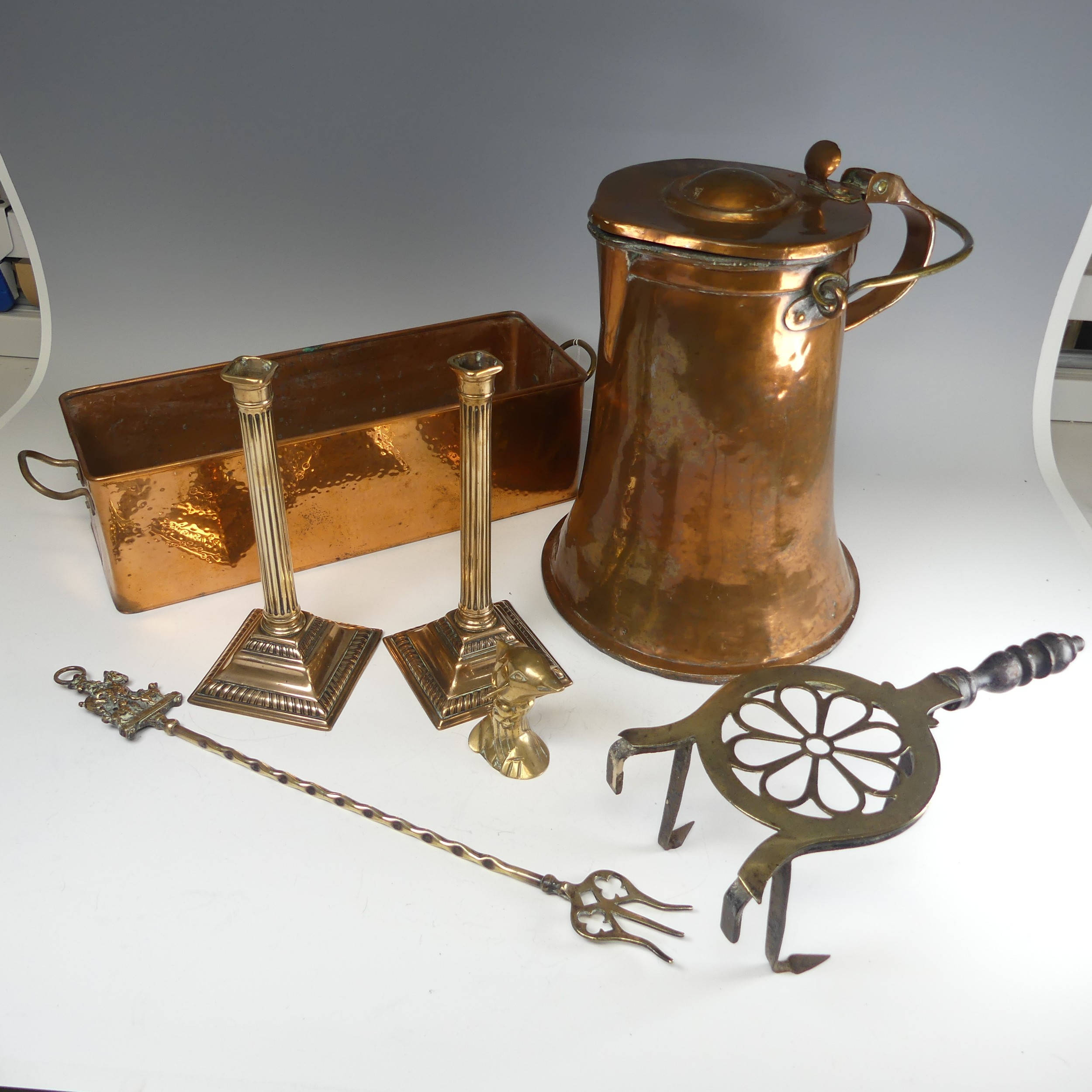 A 19th century copper water Jug and cover, of cylindrical tapering form, H 38 cm, together with a - Image 2 of 3