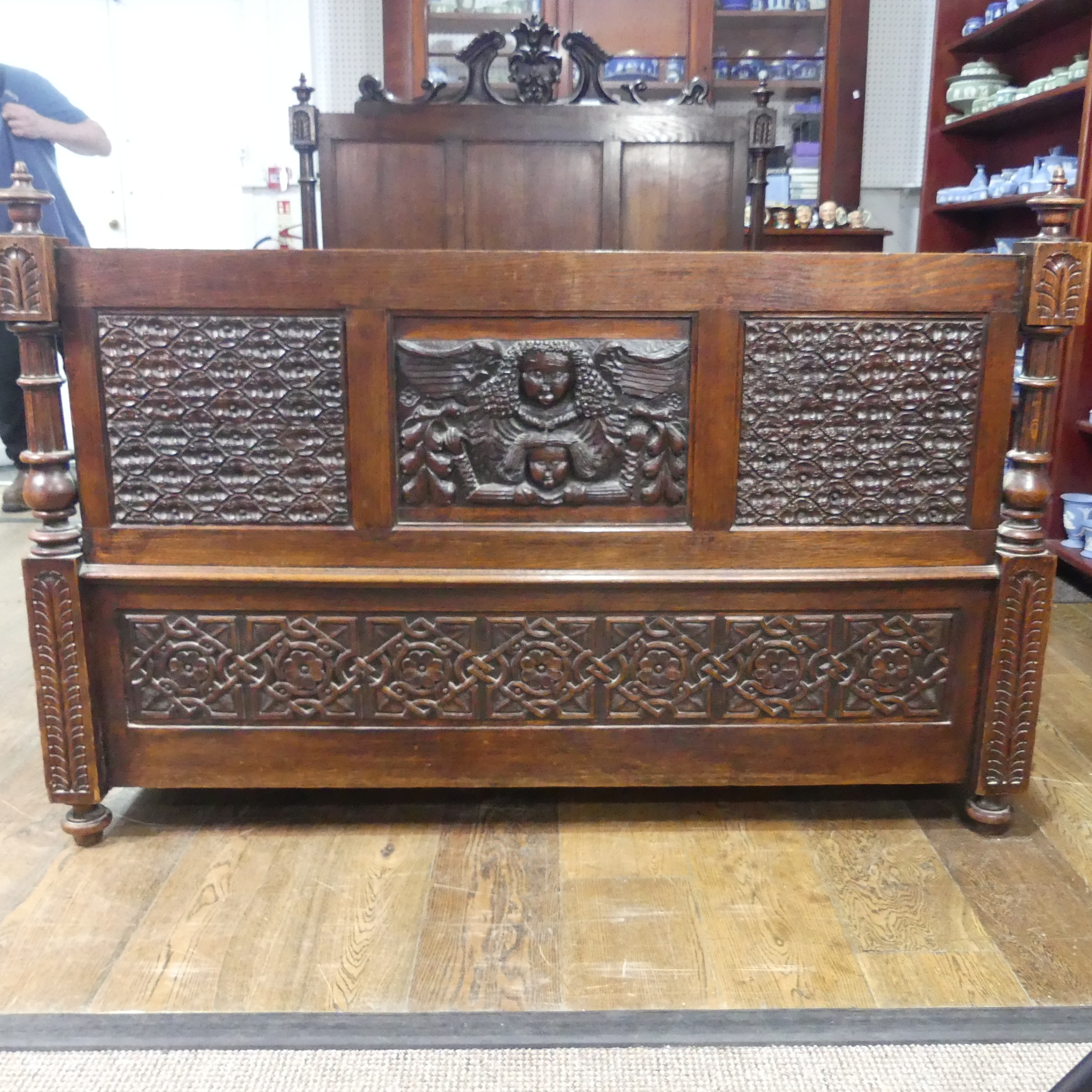 An antique carved oak framed double Bed, formed of 17th century and later oak carved panels, with - Image 4 of 12