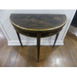 An early 20th century Chinoiserie demi lune card Table, black lacquered and painted gilt