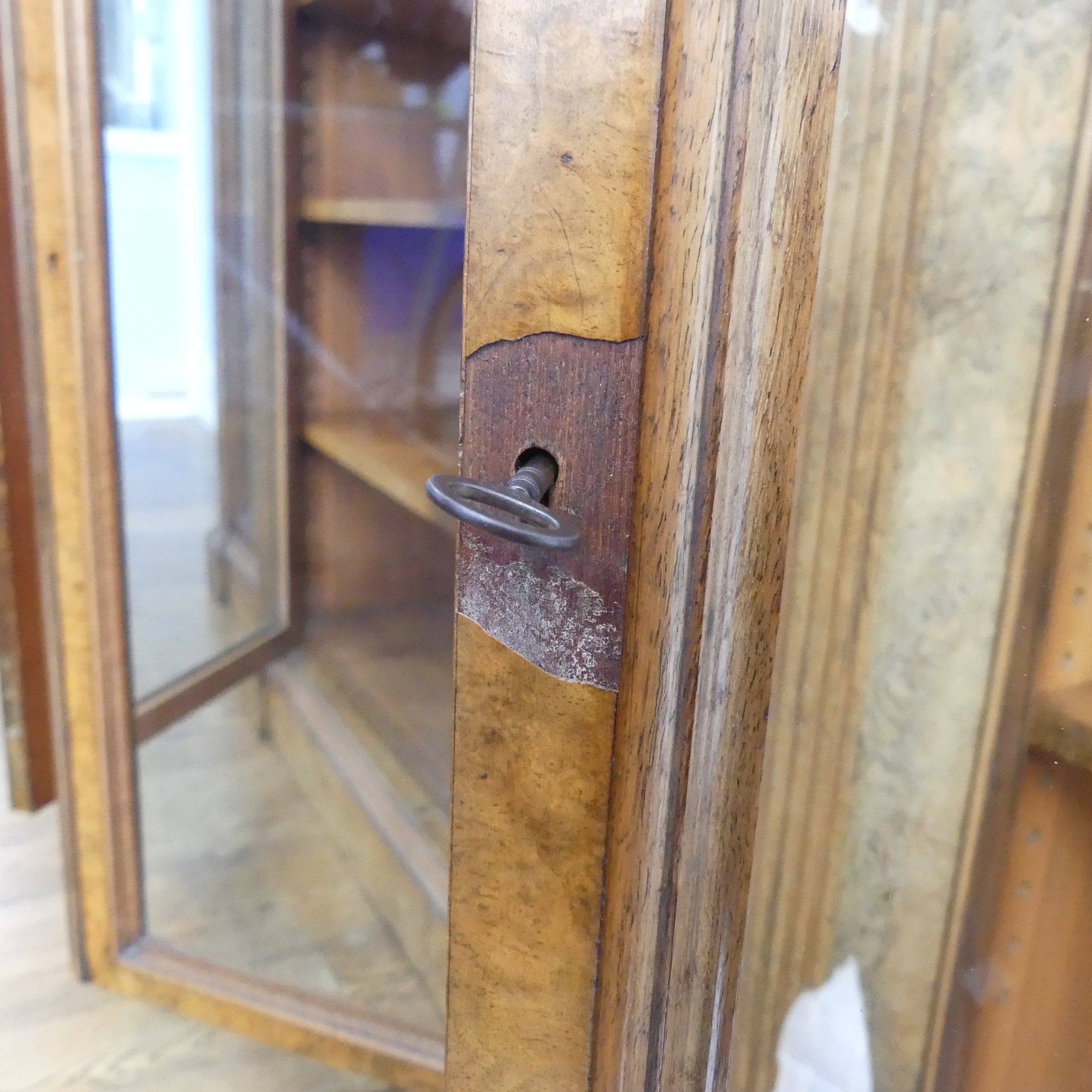 A good Victorian burr walnut breakfront glazed Bookcase, shaped top over glazed doors and plinth - Image 9 of 14