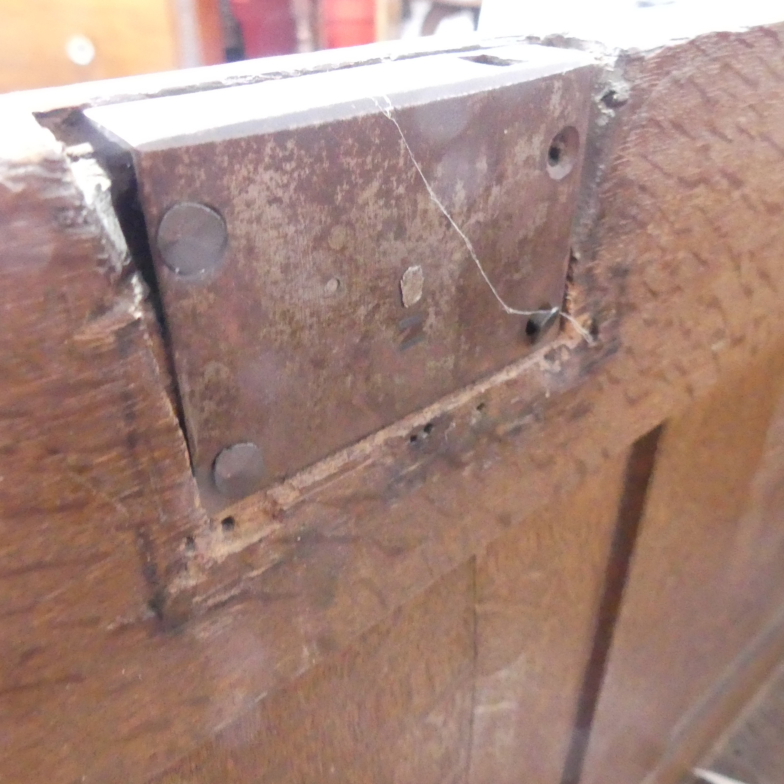 A 17th century oak Coffer, two panelled rectangular top with original pin hinges, over three - Bild 10 aus 12