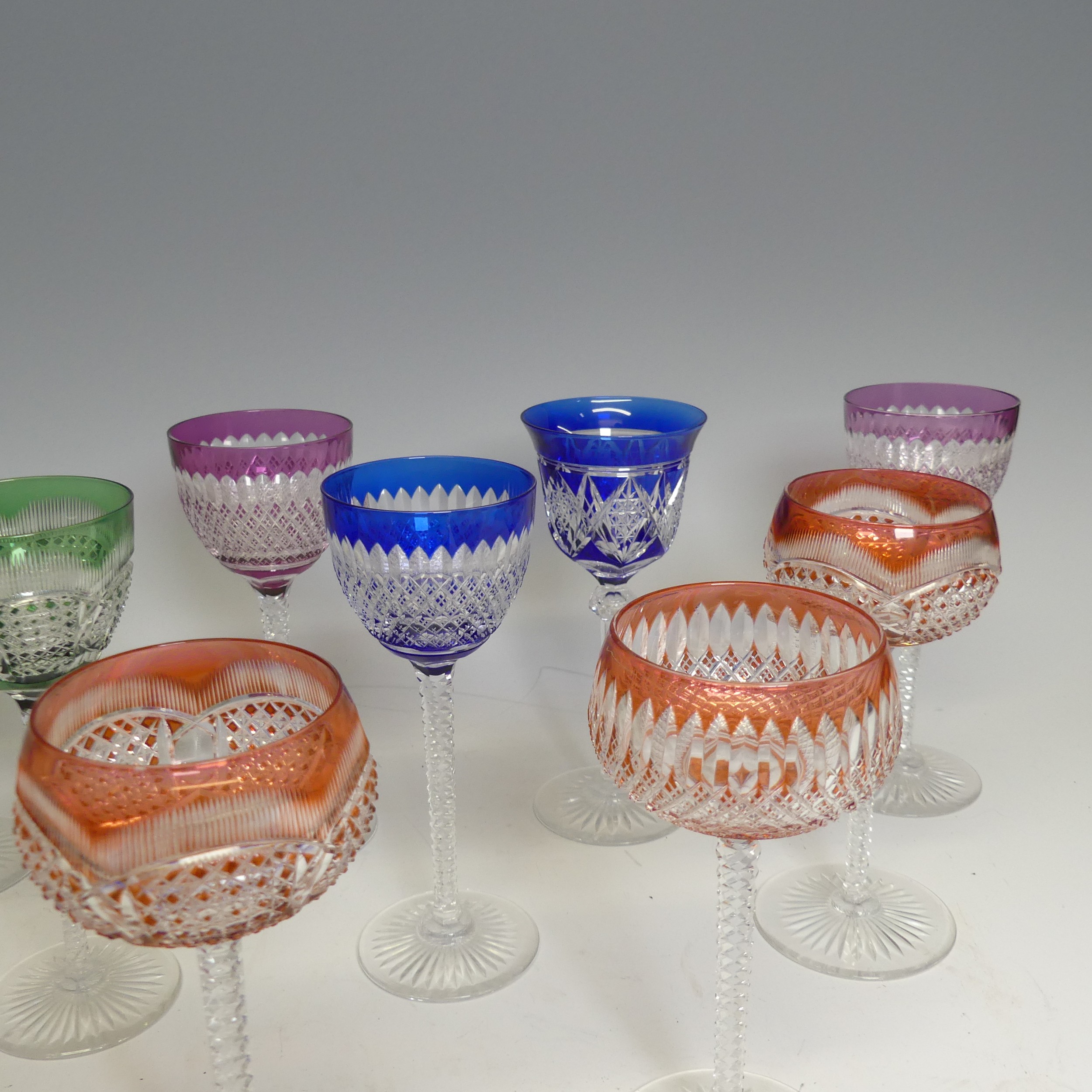 A quantity of mid 20th century circa 1950s coloured bohemian cut hock Glasses, to include the - Image 3 of 4