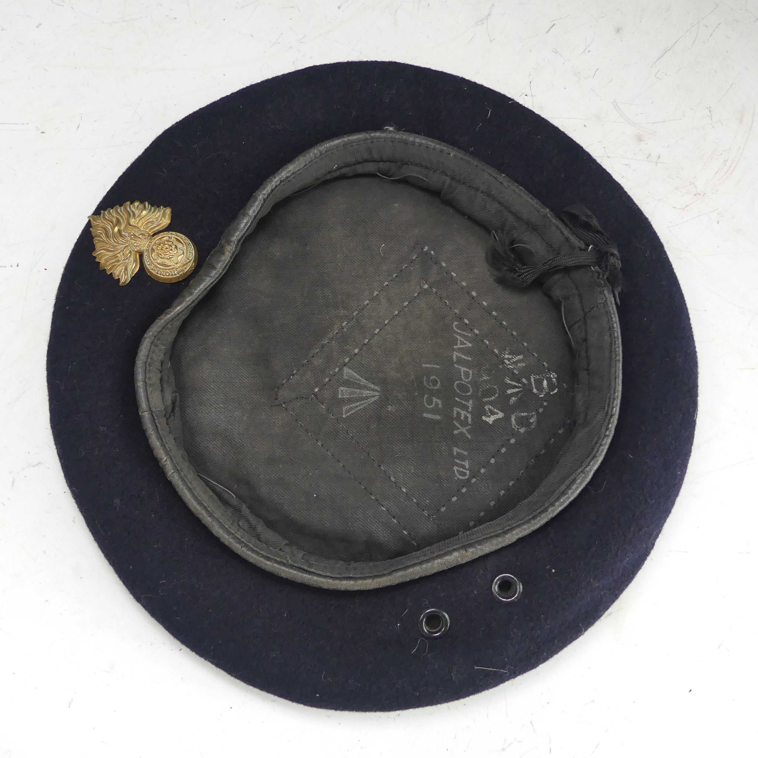 An early post WW2 British army Beret, navy cloth with black leather trim, black cloth lining with “ - Image 4 of 6