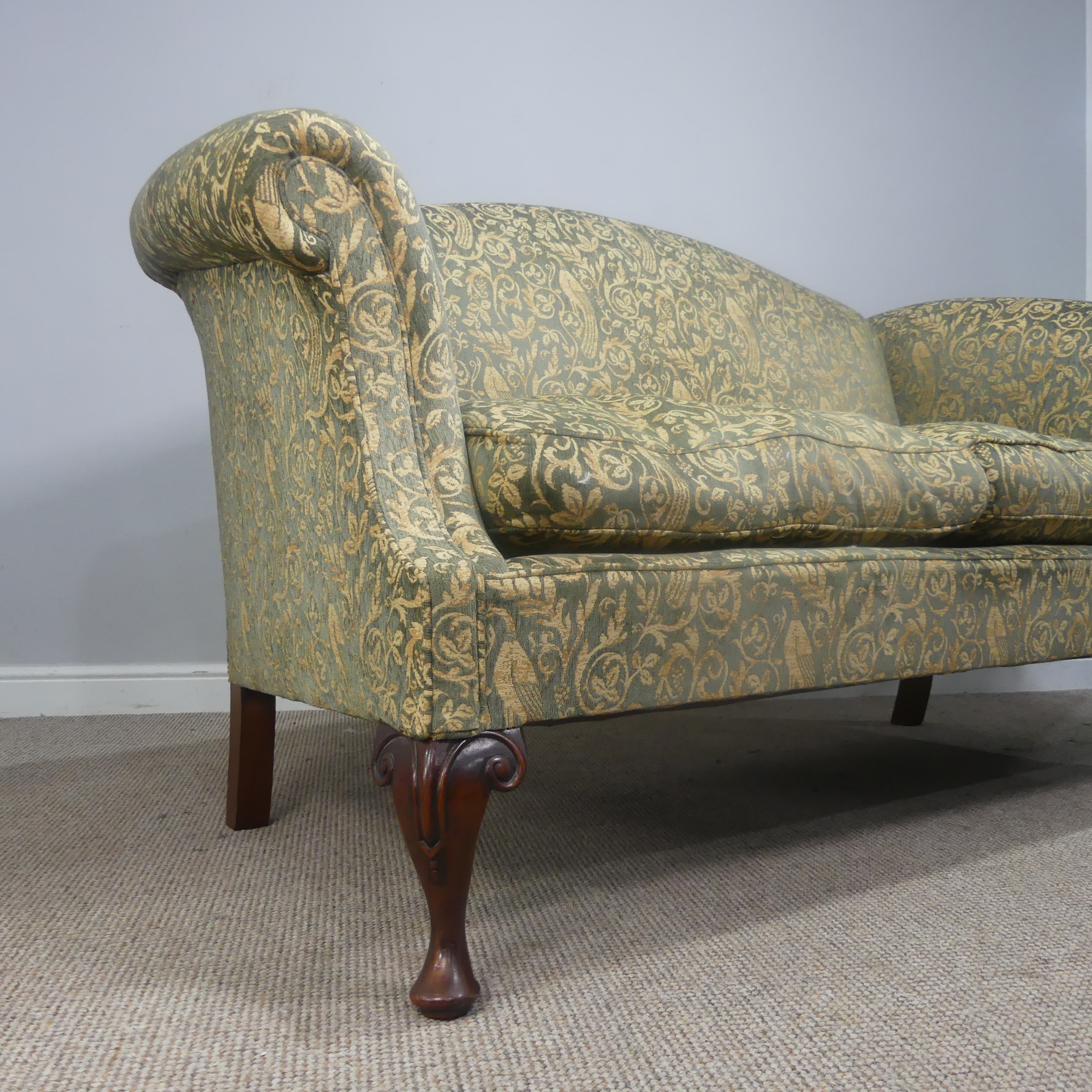 An antique George III style upholstered scroll end two-seater Sofa, raised on carved cabriole - Image 2 of 11