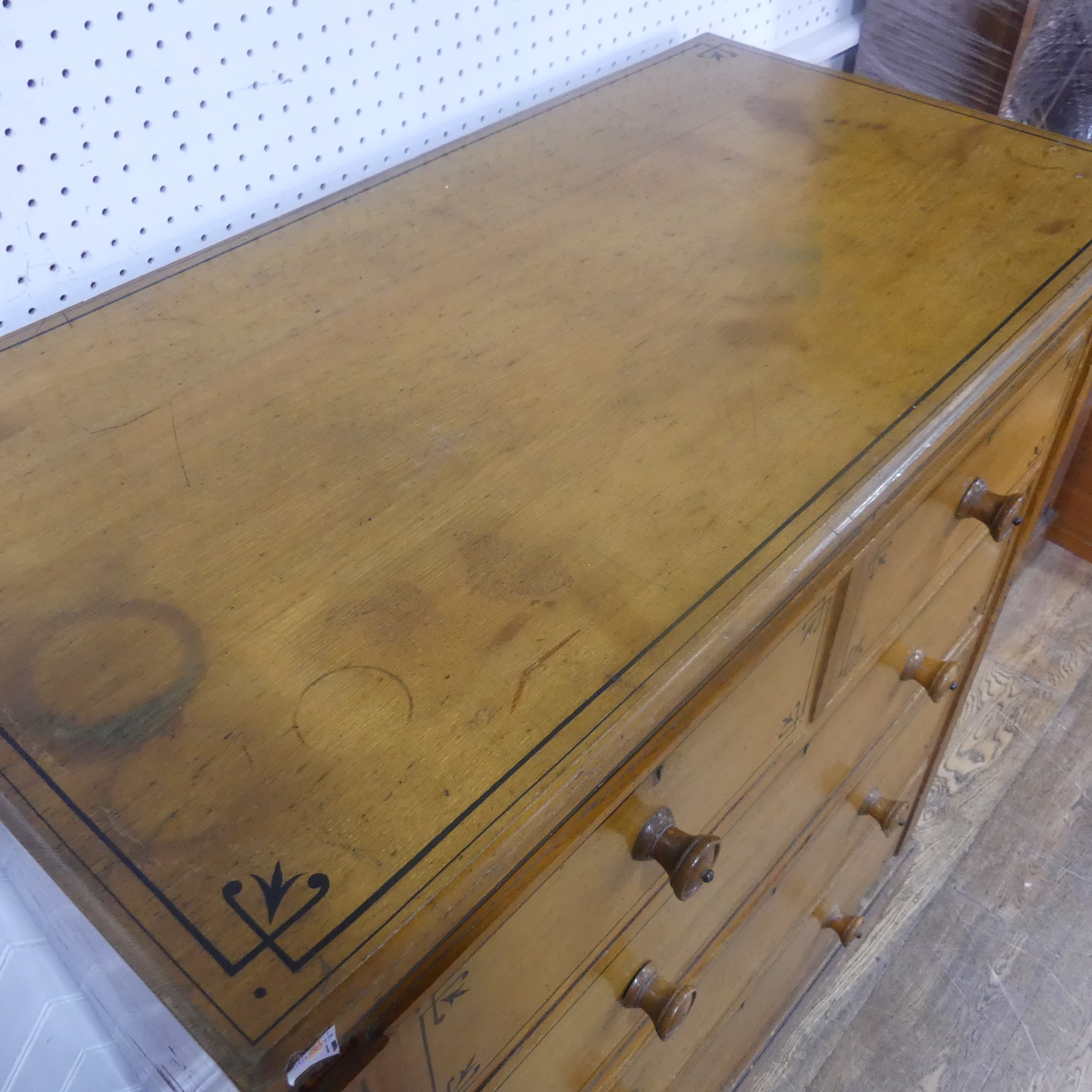 A large Aesthetic Movement pine and oak Chest of drawers, with black painted stringing and geometric - Bild 4 aus 7