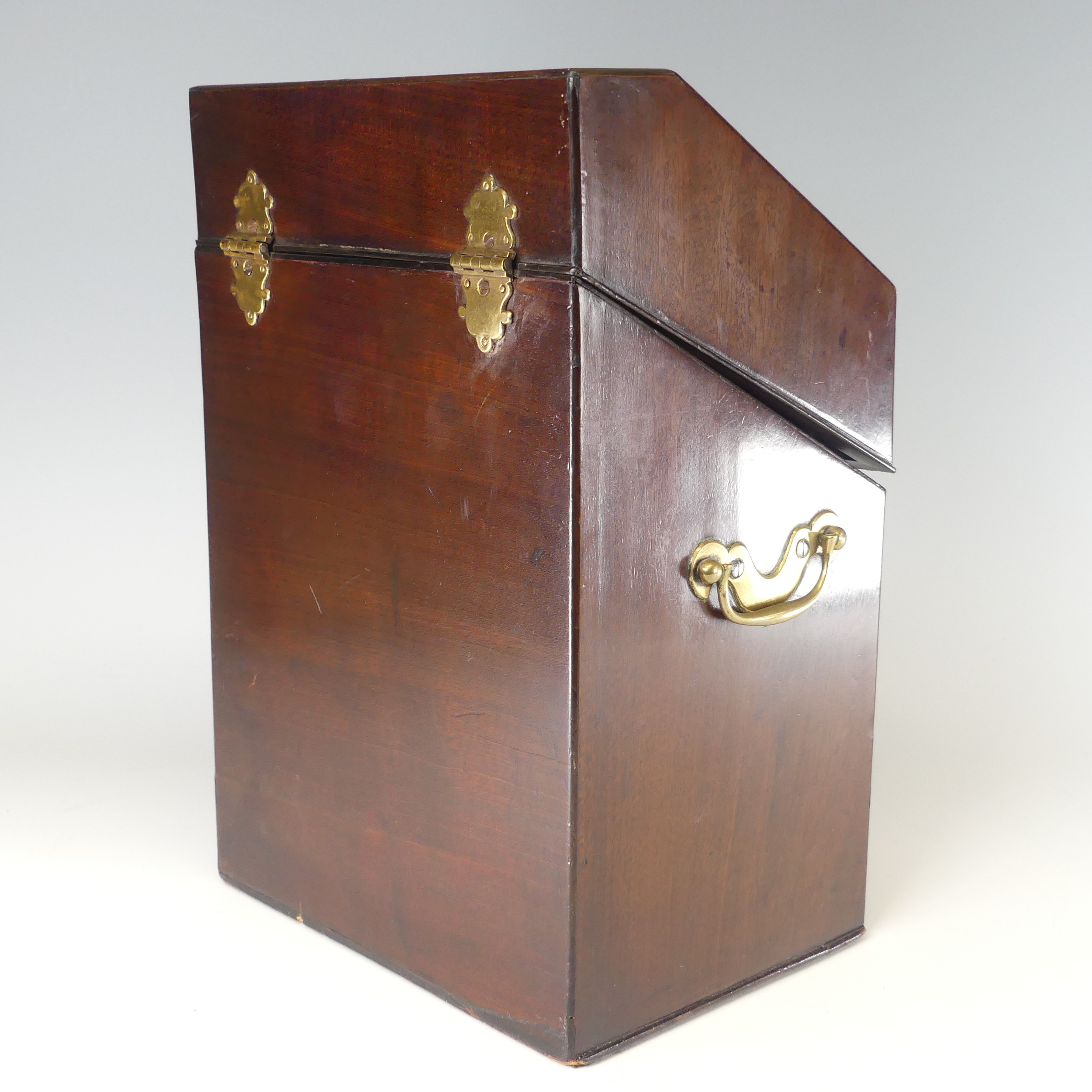 A Georgian mahogany serpentine front Knife Box, brass carrying handles to either side, with original - Image 6 of 10