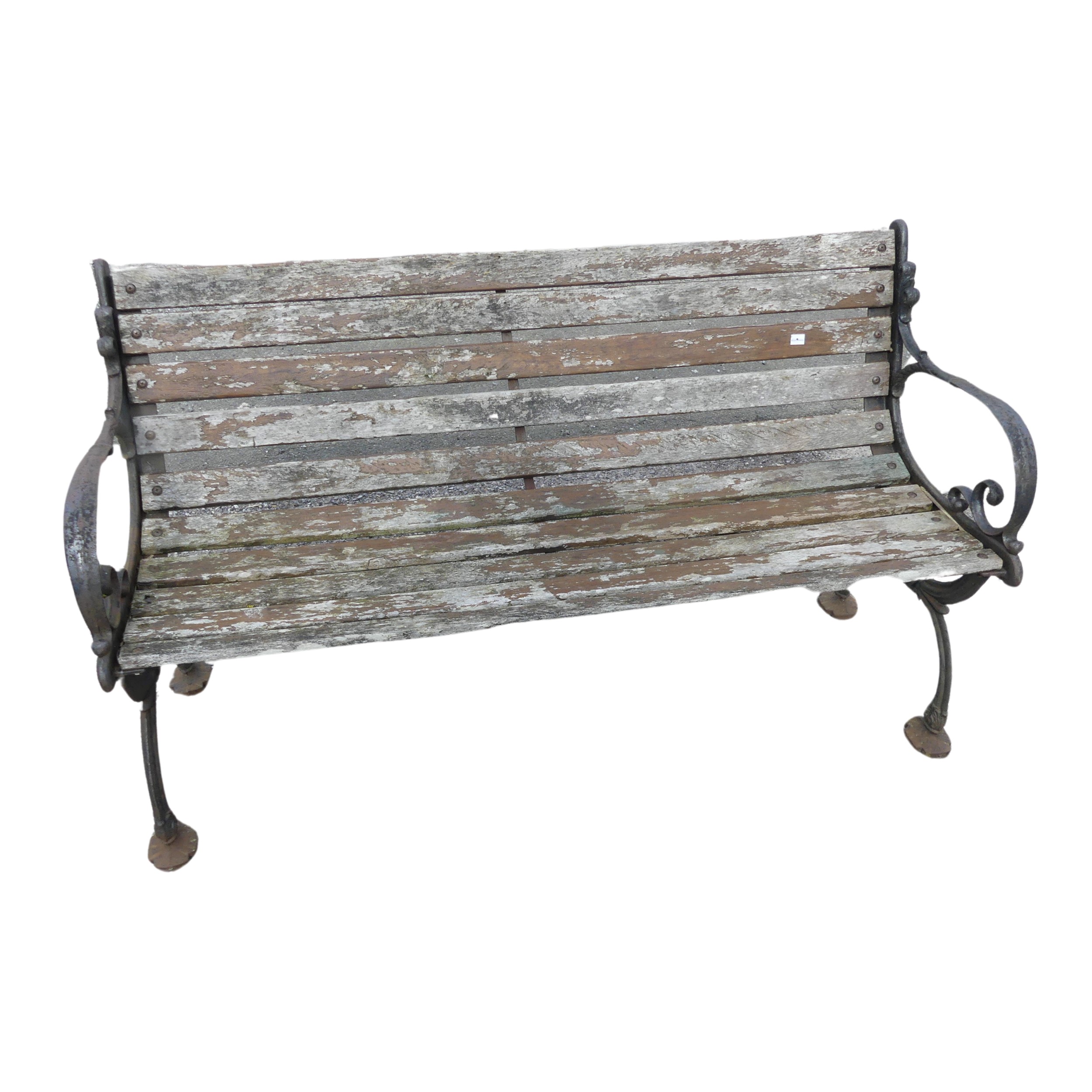 An antique cast iron and teak Garden Seat /Bench, with scrolled supports, W 129.5 cm x H 74 cm x D - Image 2 of 5