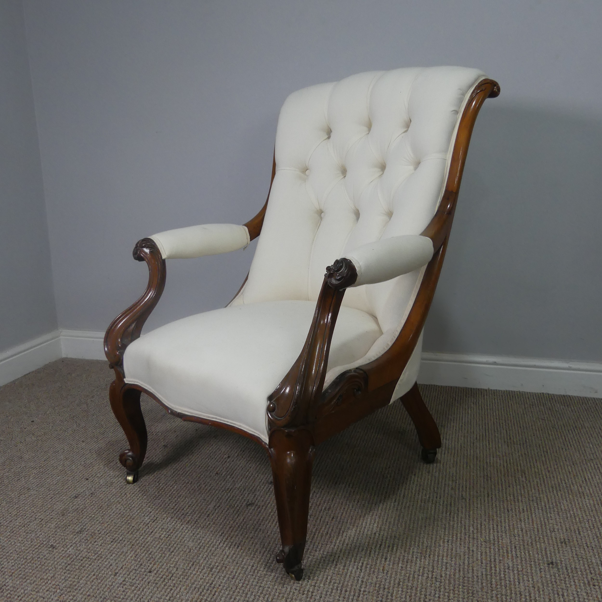 A Victorian mahogany open Armchair, upholstered button back and scroll arms, above serpentine - Bild 2 aus 3
