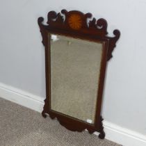 An antique mahogany Georgian style fret cut inlaid Wall Mirror, rectangular bevelled mirror plate