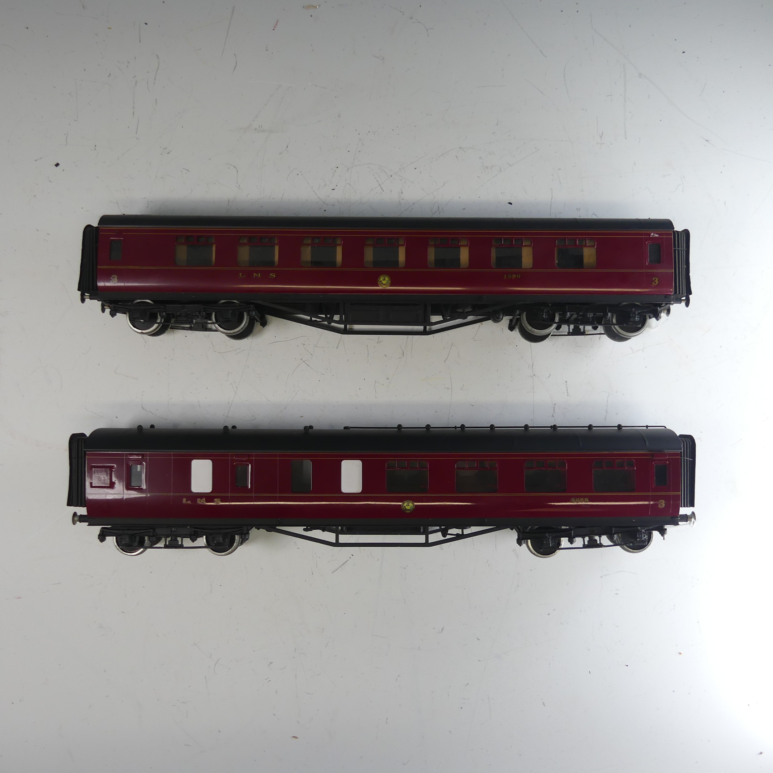 Pair of ‘0’ gauge LMS bogie Passenger Coaches, in LMS maroon with yellow lettering; All 3rd Class