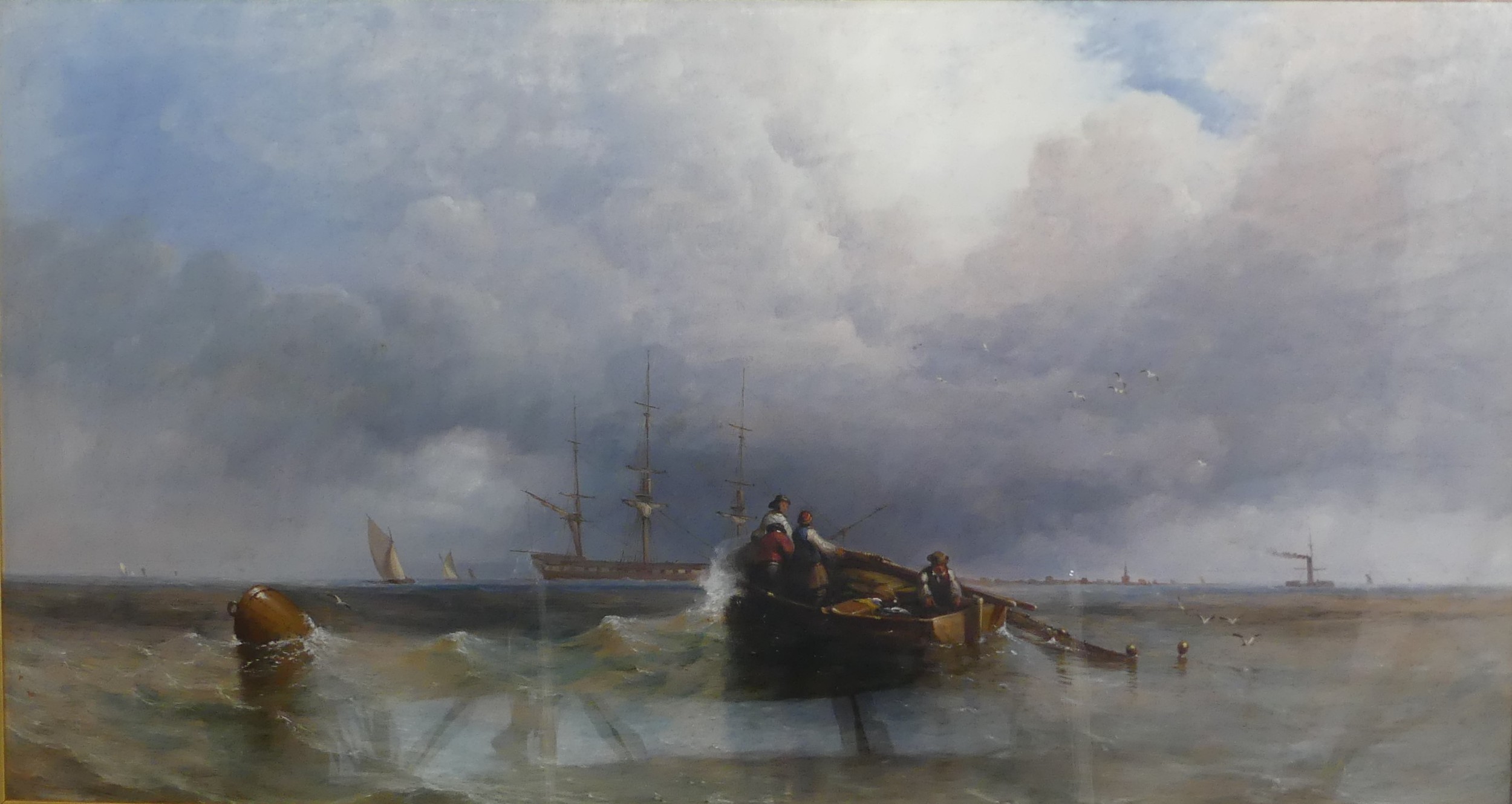 British school (19th century), Fishermen at sea in a coastal seascape, oil on board, signed lower - Image 7 of 8