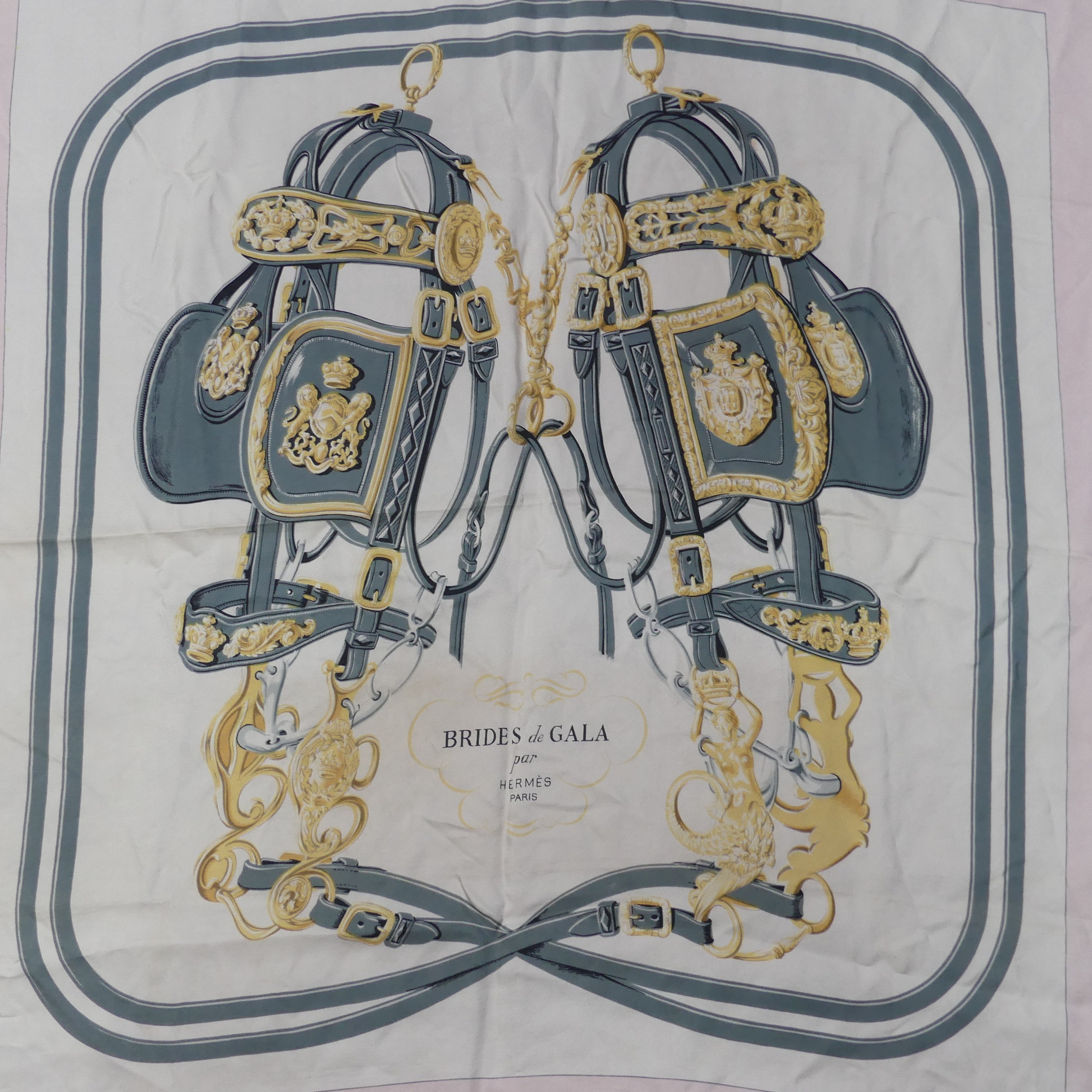Two Hermès silk twill scarves: Carriage design blue with yellow border, and 'Brides de Gala', grey - Image 4 of 4