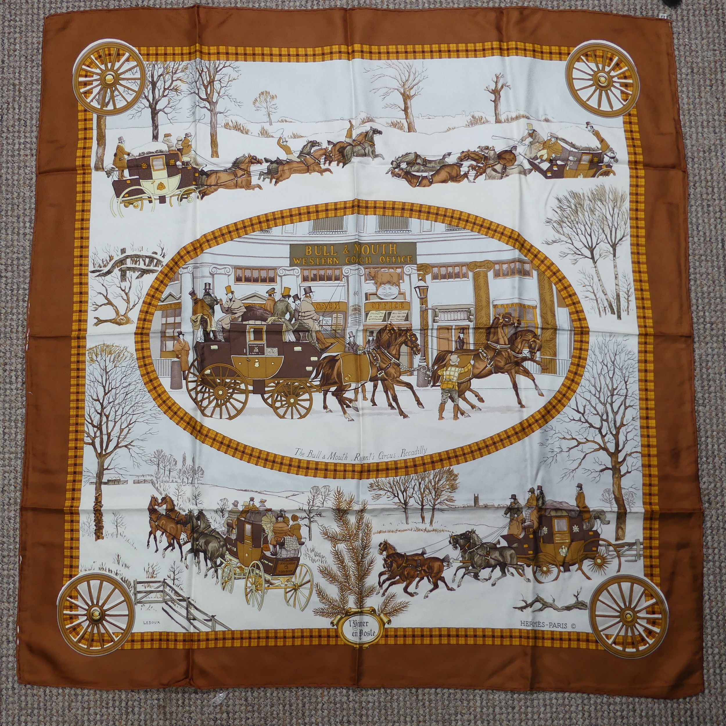 Two Hermès silk twill scarves: 'The Bull & Mouth, Regents Circus Picadilly', cream ground with brown