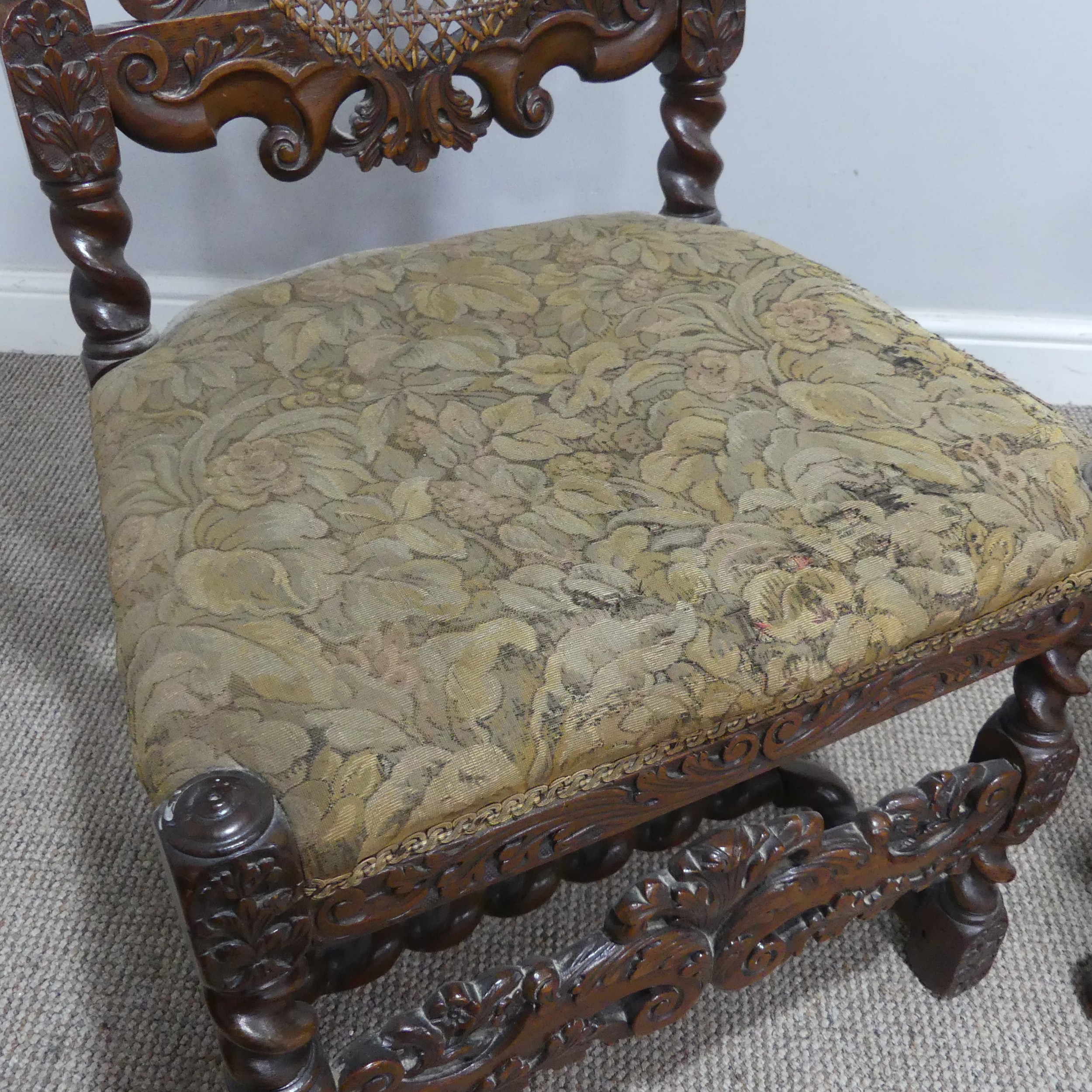 A Victorian carved oak and caned hall Chair, W 51 cm x H 120 cm x D 40 cm, together with a Victorian - Image 4 of 5