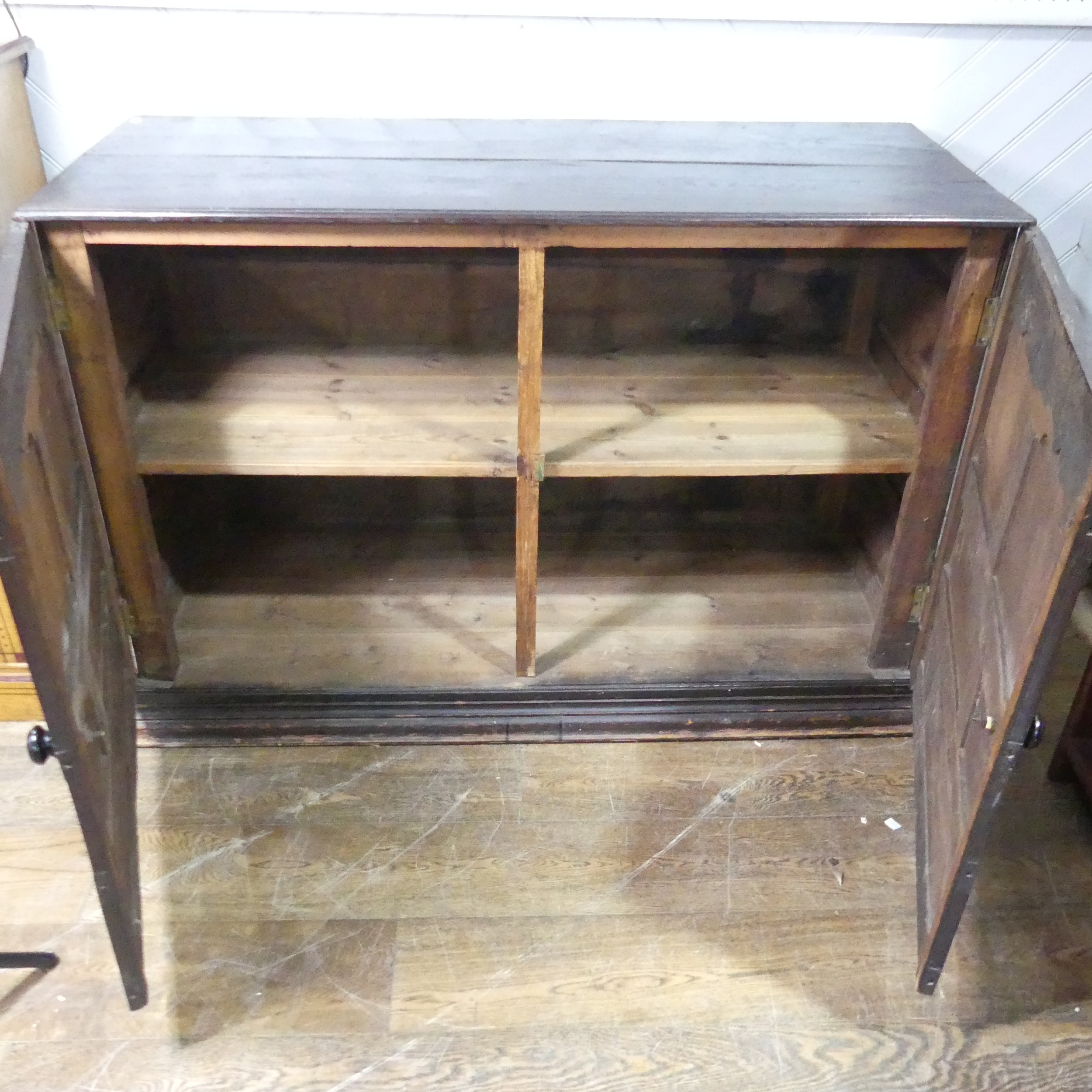 A large 18th century oak panelled Cupboard, raised on moulded plinth base, W 141 cm x H 95 cm x D 60 - Image 6 of 8