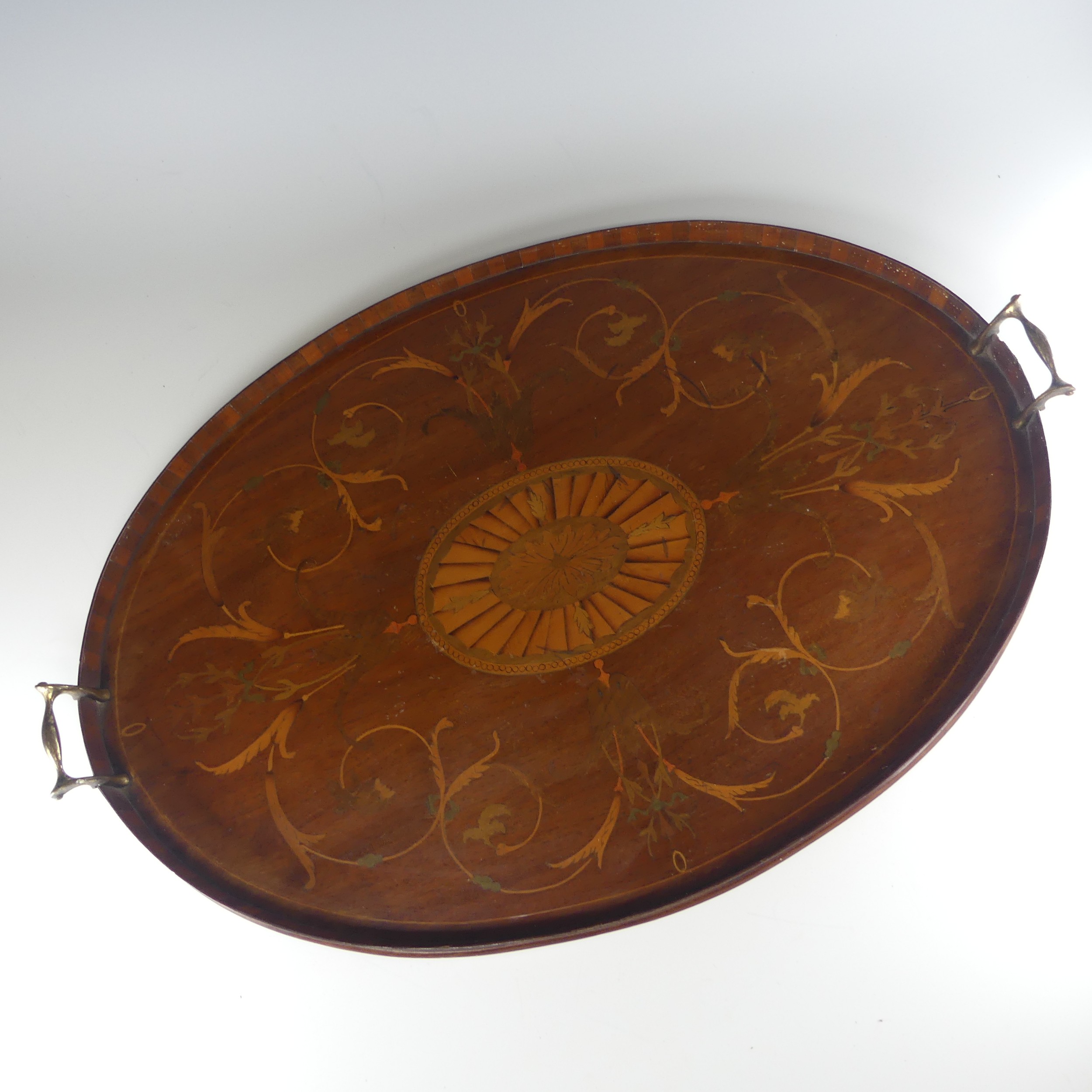 An Edwardian mahogany and marquetry galleried twin-handled Tray, the gallery of chequerboard boxwood - Image 2 of 26