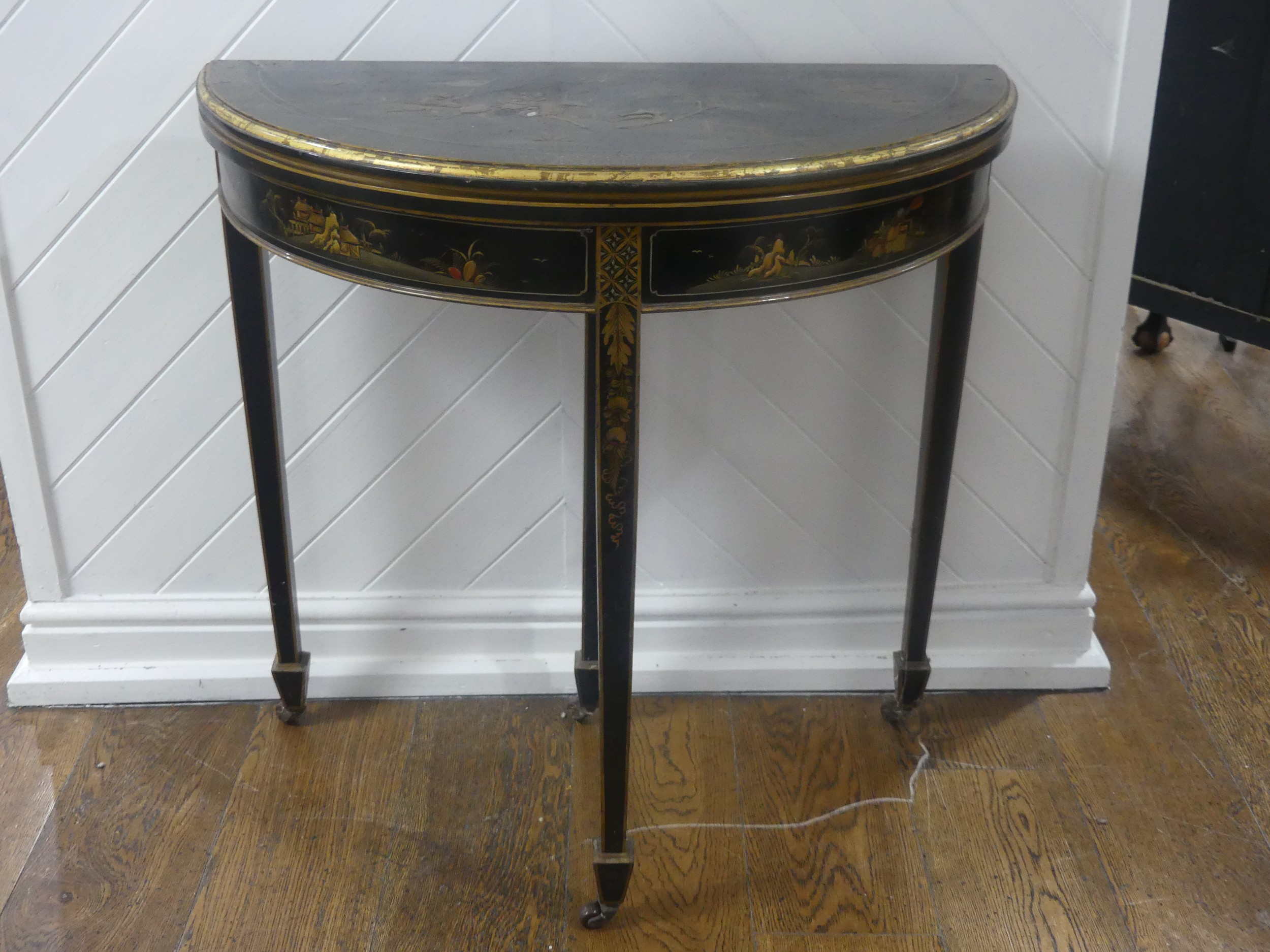 An early 20th century Chinoiserie demi lune card Table, black lacquered and painted gilt - Image 3 of 9