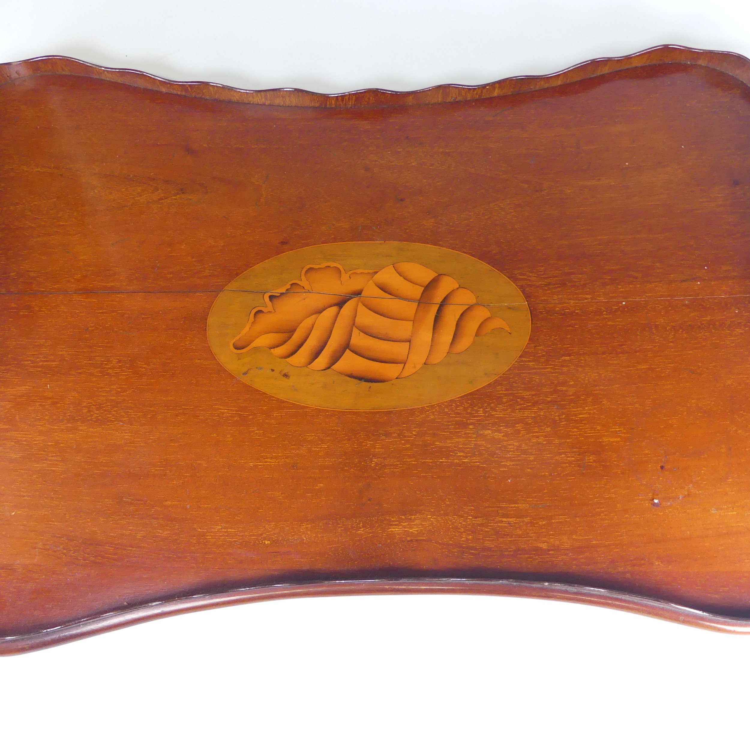 An Edwardian mahogany and marquetry galleried twin-handled Tray, the gallery of chequerboard boxwood - Image 14 of 26